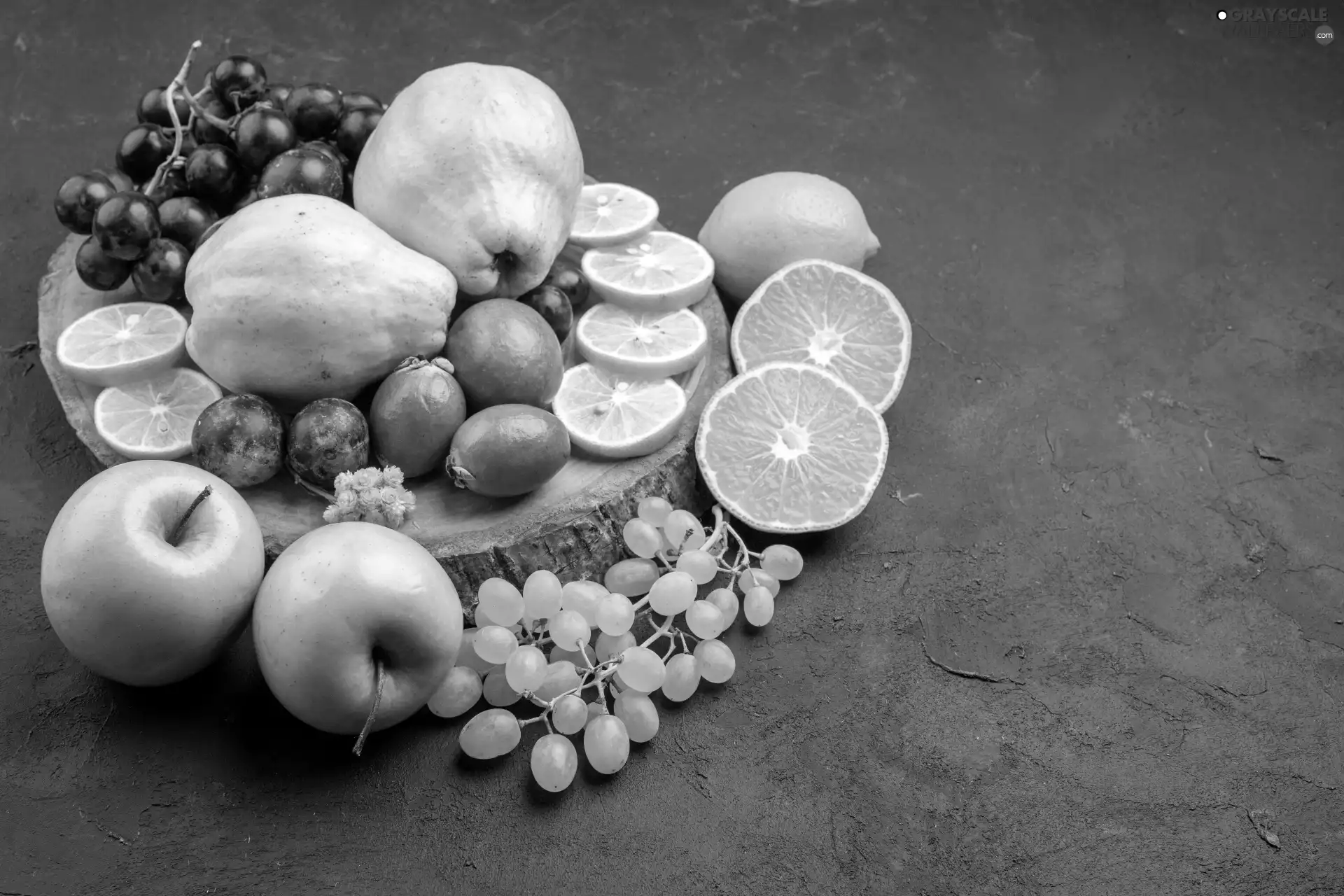 apples, Grapes, orange, lemons, Fruits, truck concrete mixer, board