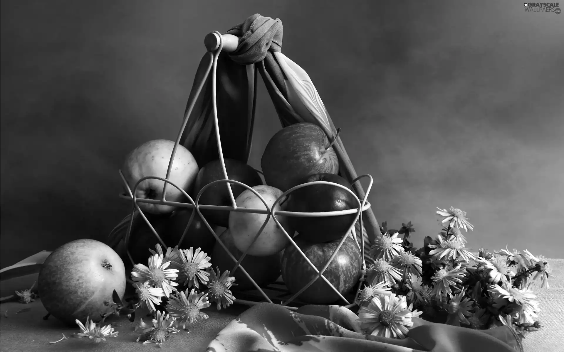 apples, daisy, basket, shawl, Metal