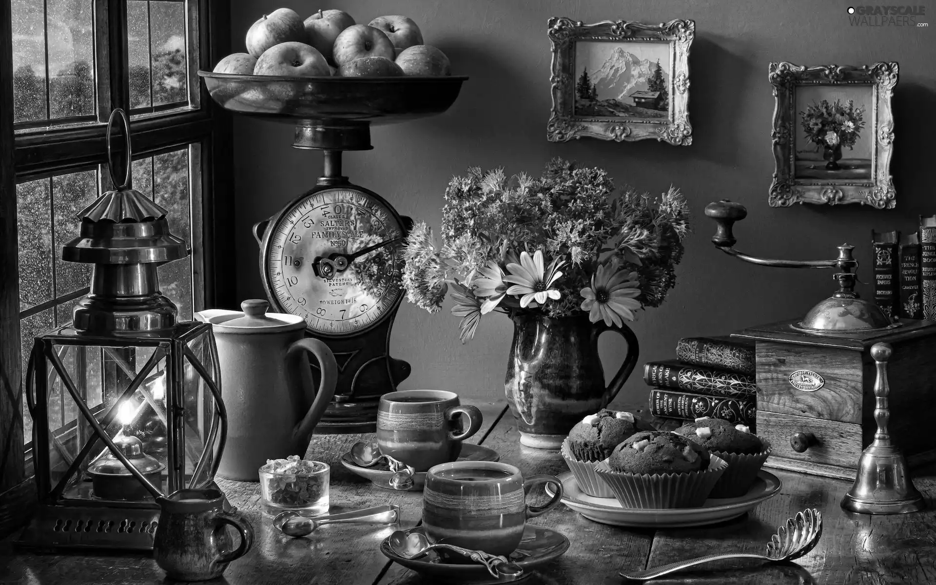 jug, cups, Paintings, weight, Lamp, Window, Muffins, composition, mill, apples, Flowers, bouquet
