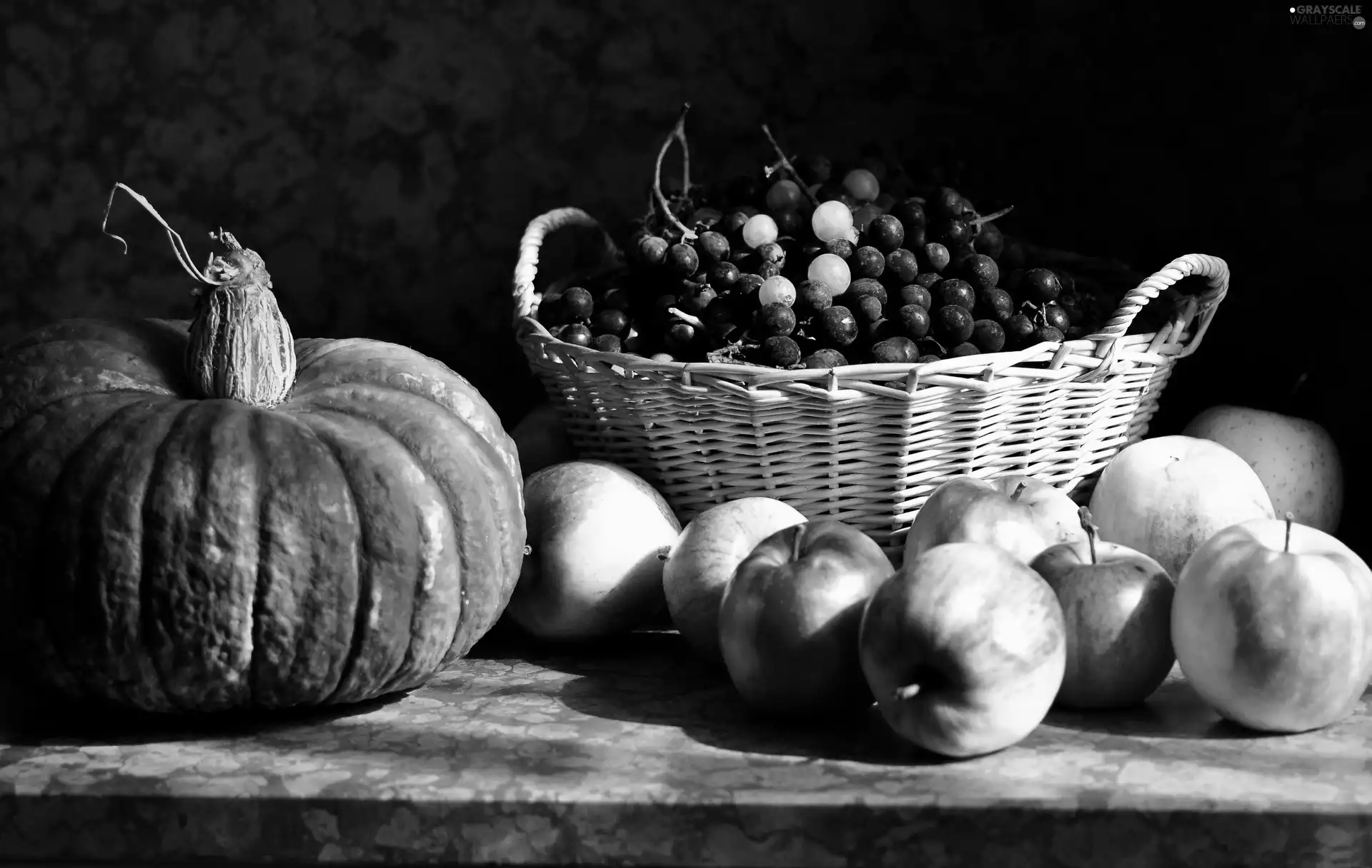 pumpkin, Grapes, apples, basket