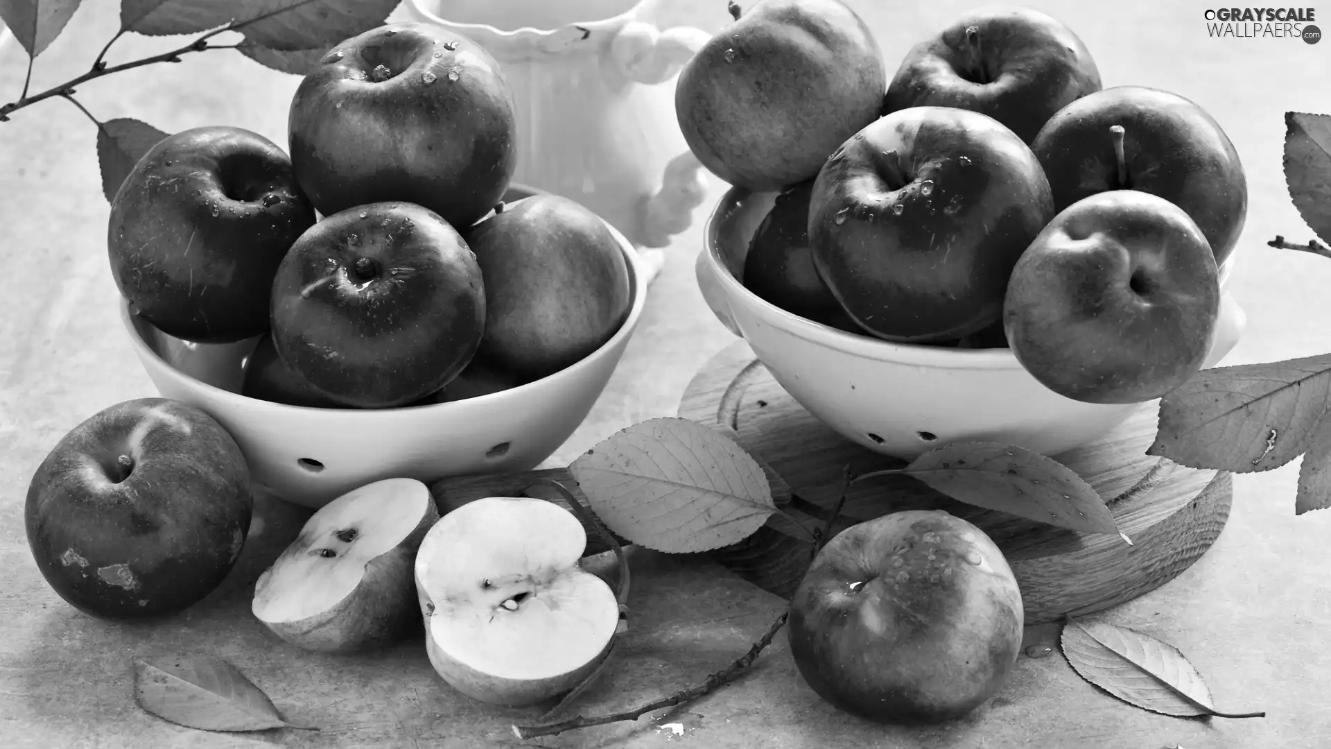 Red, Bowls, leaves, apples