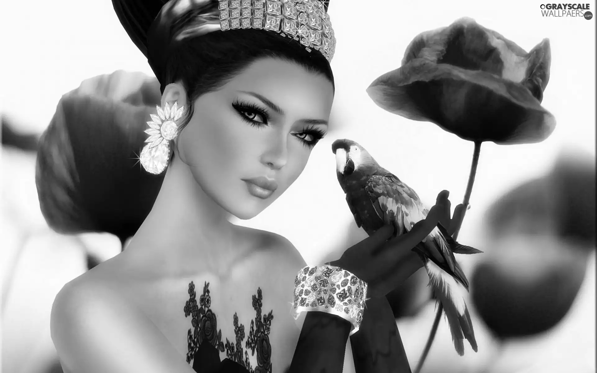 Women, parrot, ara, jewellery