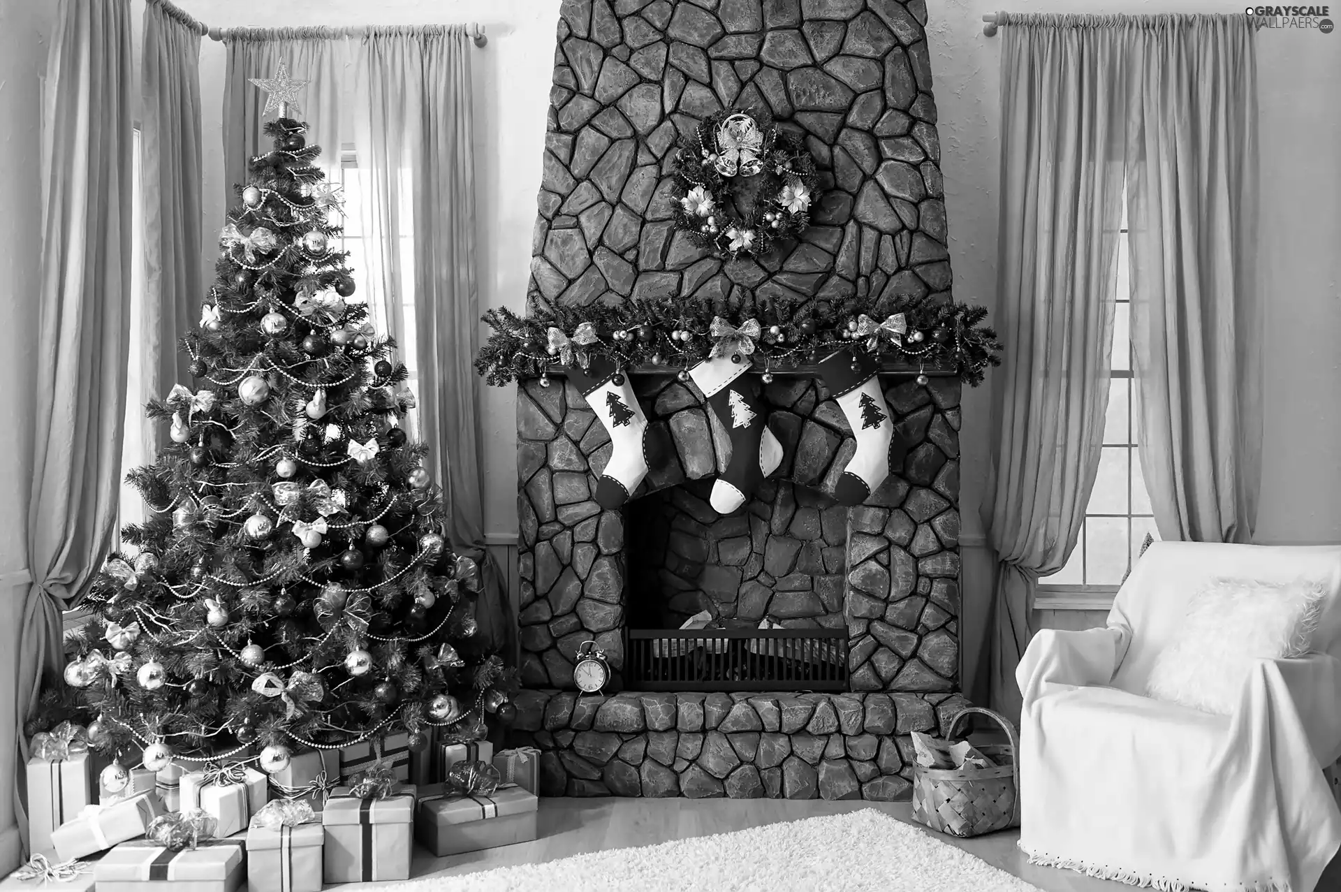 Armchair, Room, gifts, Christmas, christmas tree, burner chimney