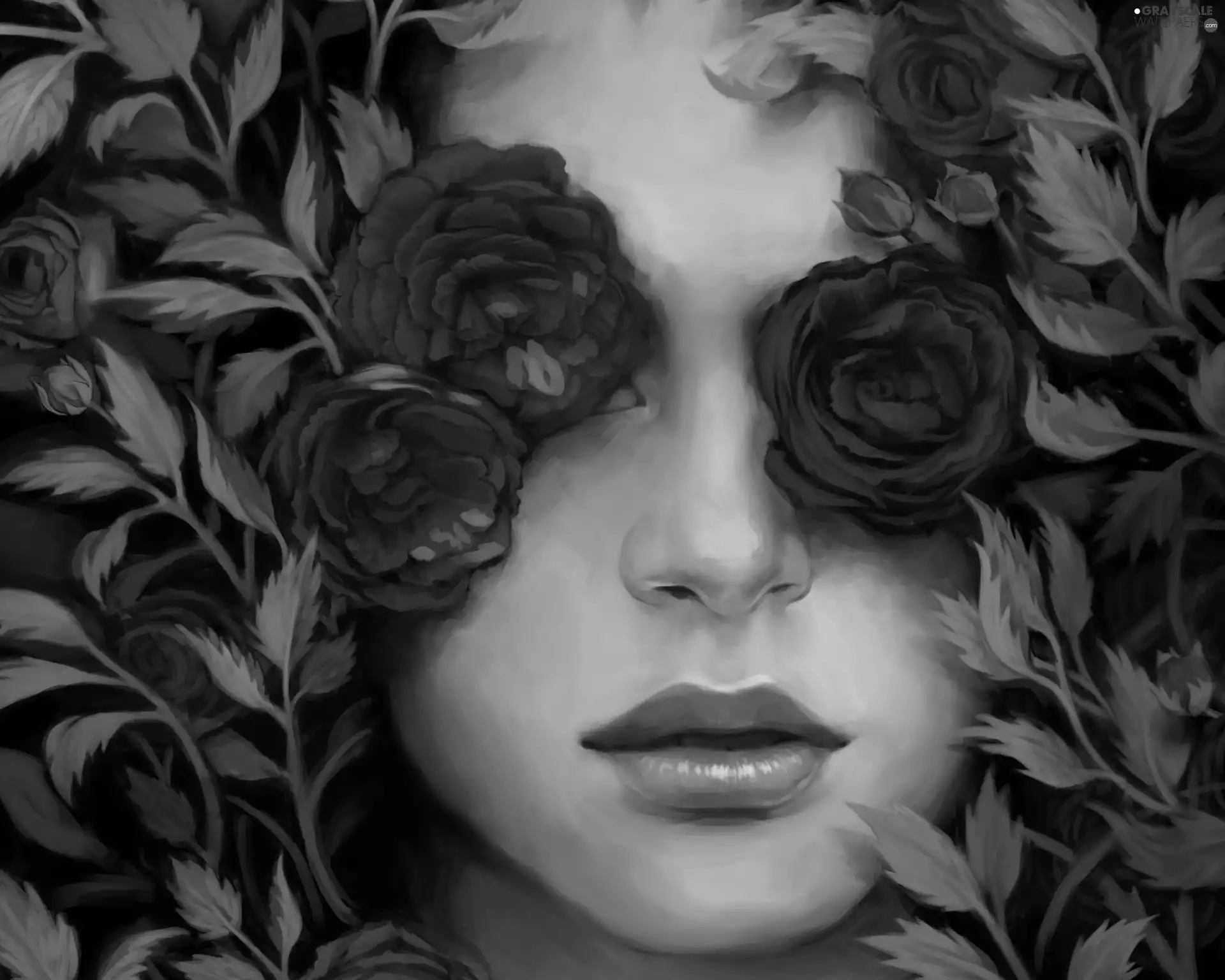 face, roses, Art, Womens