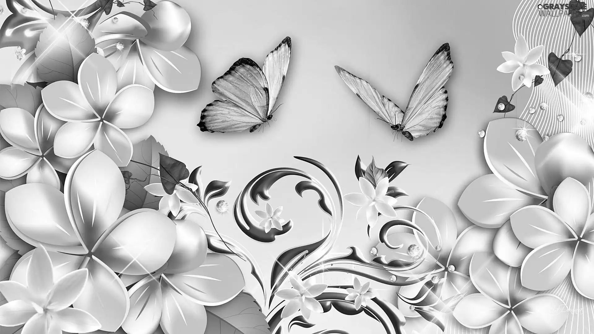 Flowers, butterflies, Art, Plumeria