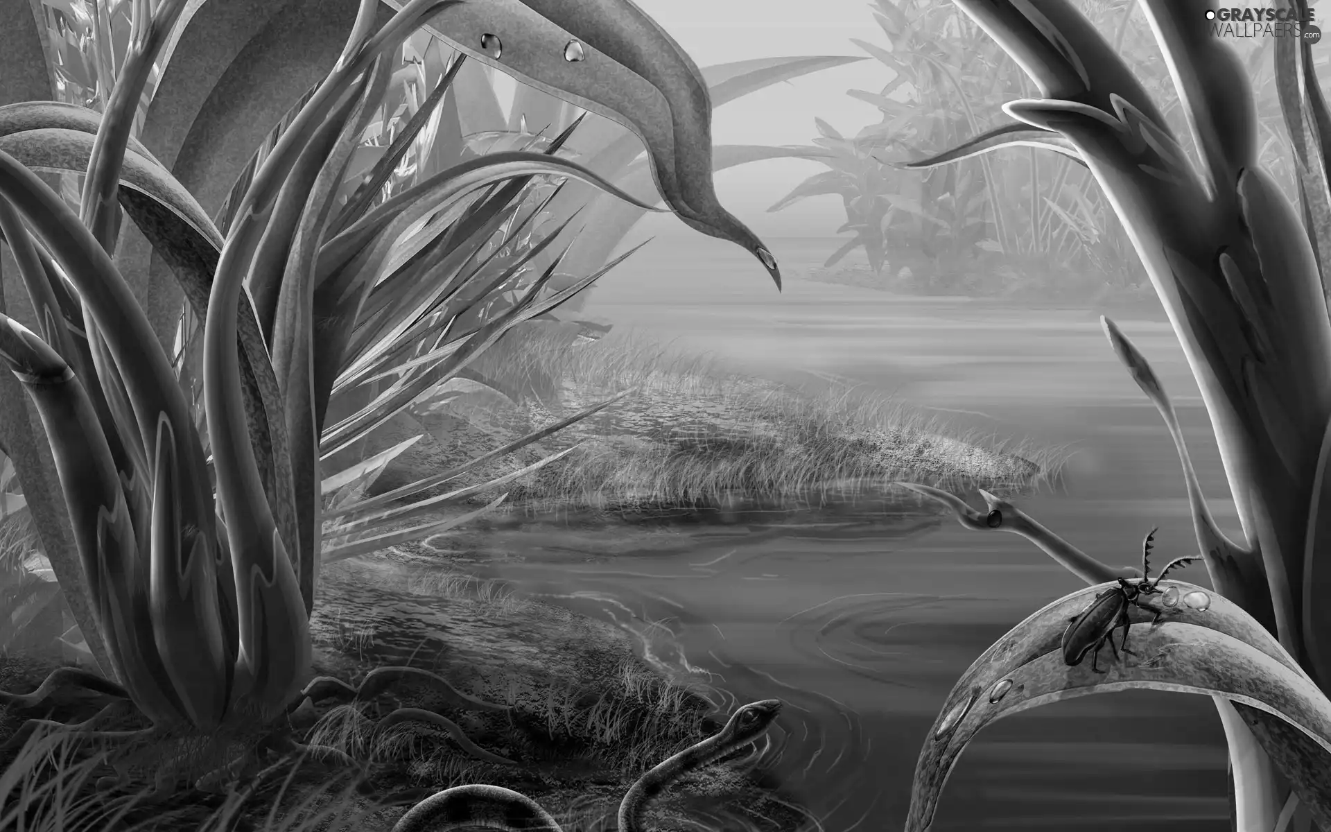 lake, Snake, Art, Plants