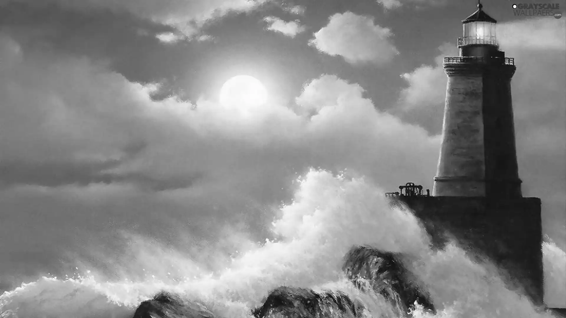 Lighthouse, Waves, Art, sea