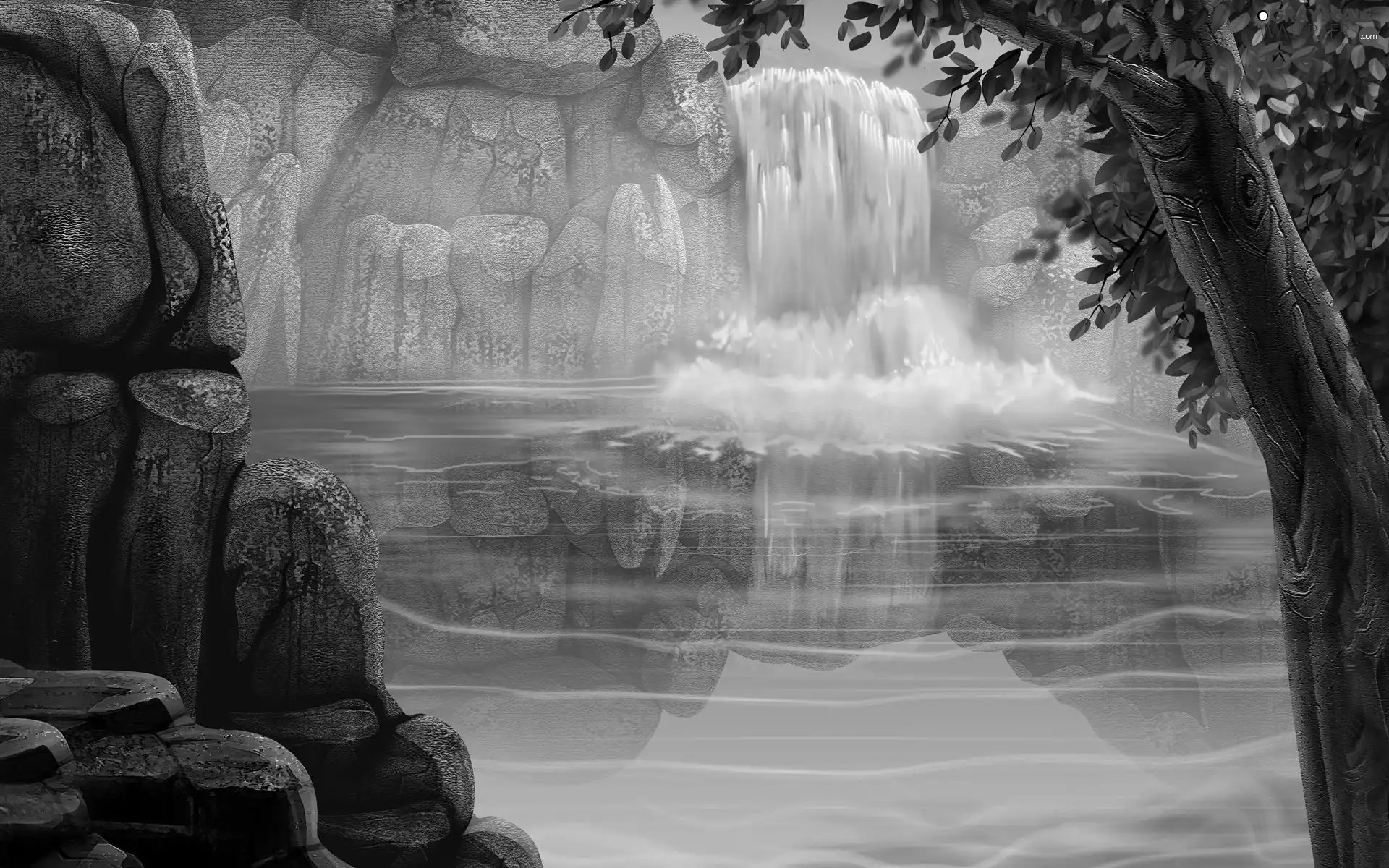 waterfall, viewes, Art, trees