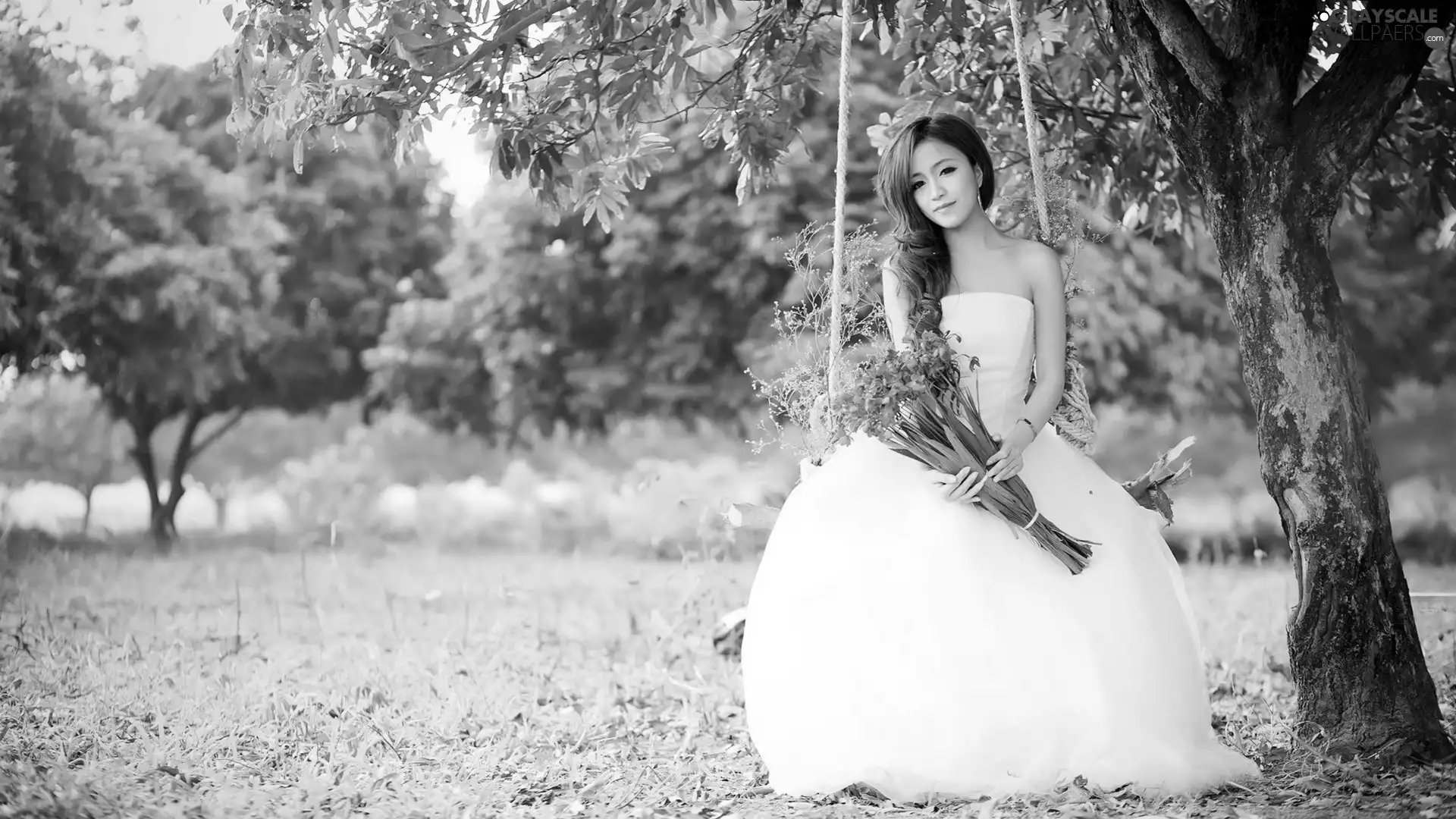 Asian, bouquet, Swing, Flowers, viewes, girl, young lady, trees