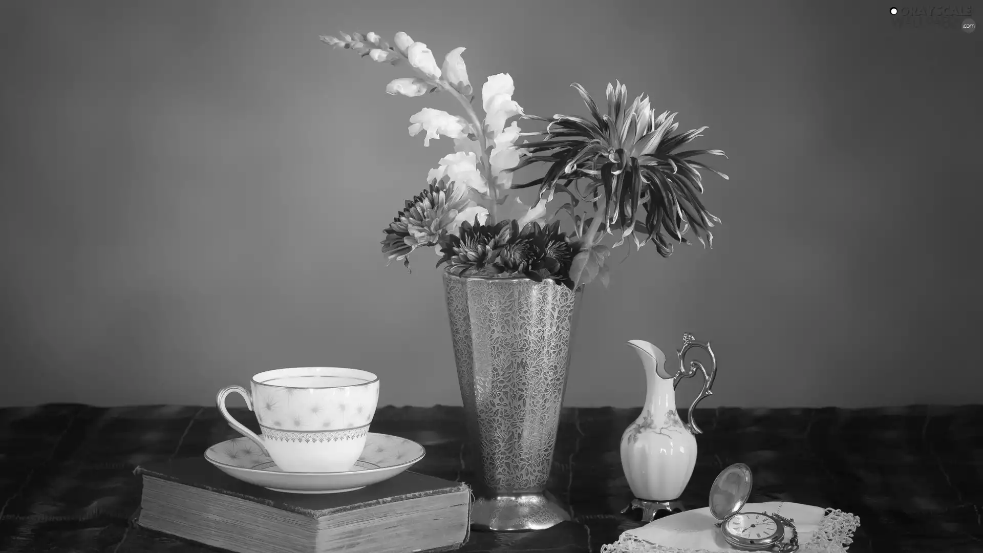 Flowers, composition, Astra, Vase, jug, napkin, cup, Book, Watch