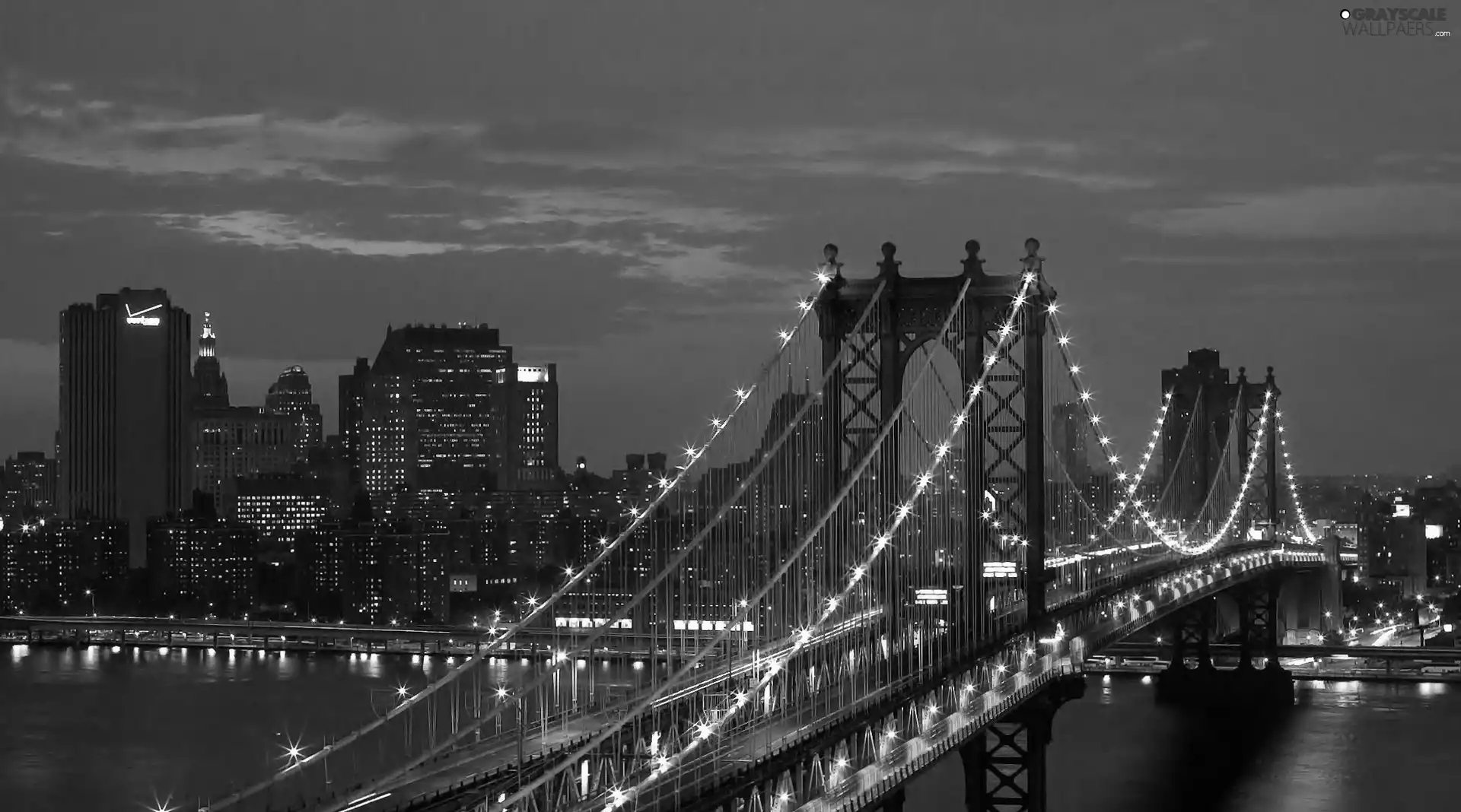 Manhattan Bridge, lighting, City at Night, skyscraper