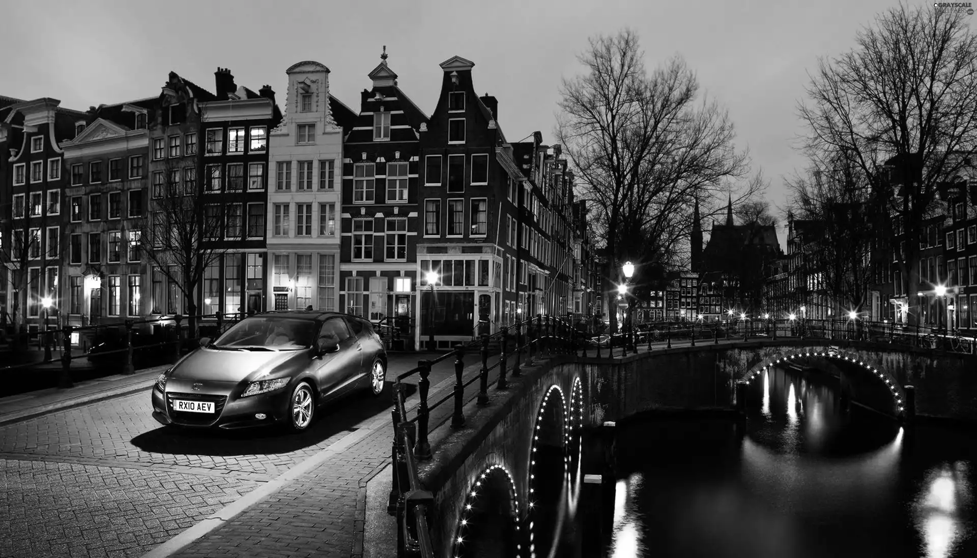 Automobile, Honda, night, canal, Amsterdam