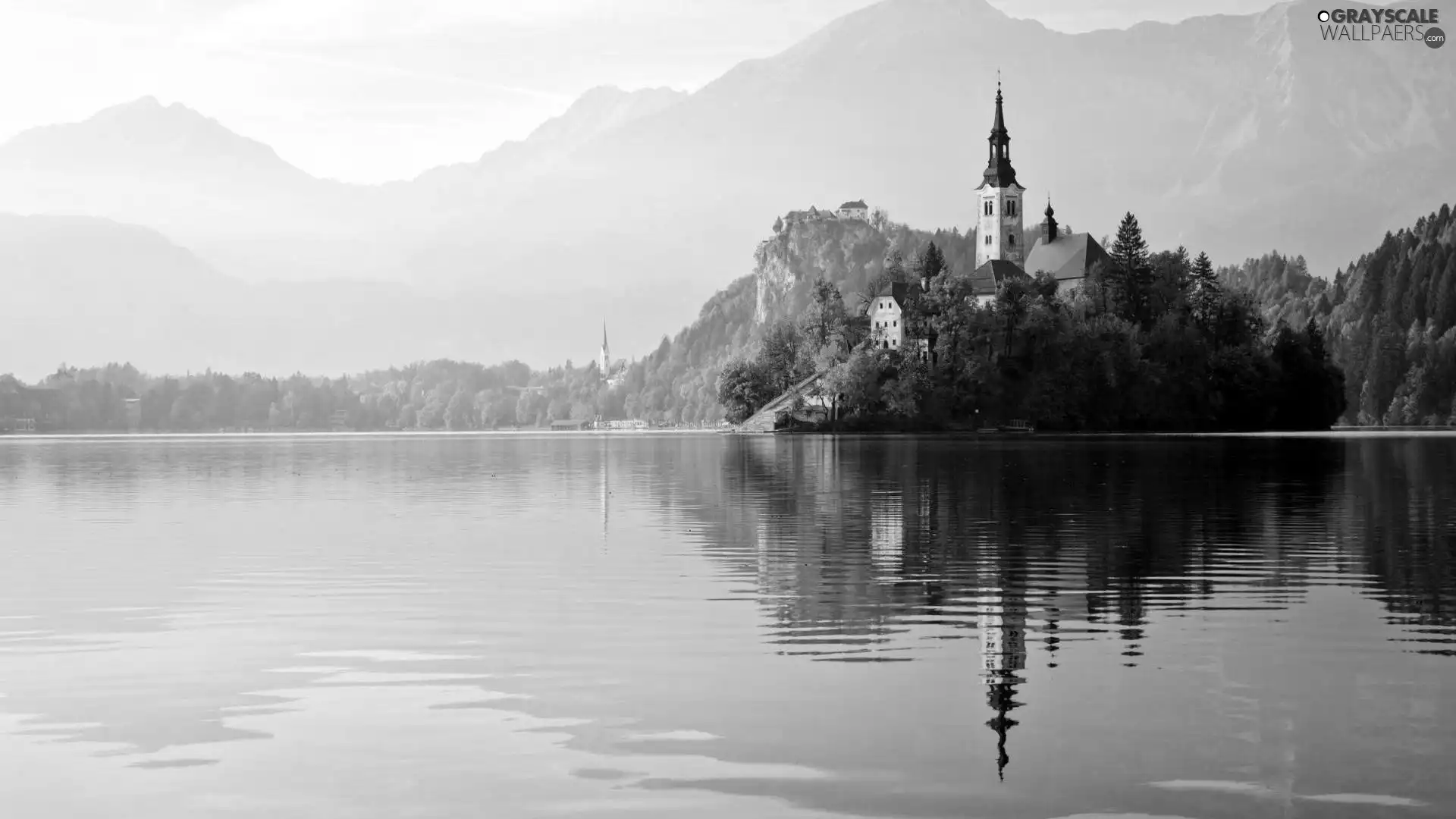 autumn, lake, Island, Mountains, Church