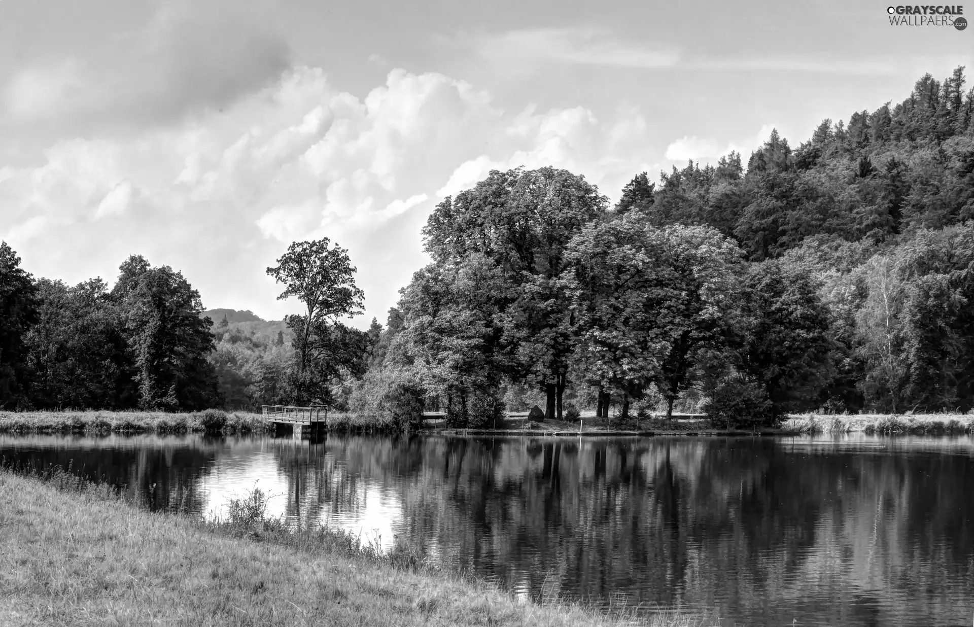 lake, woods, autumn, Platform