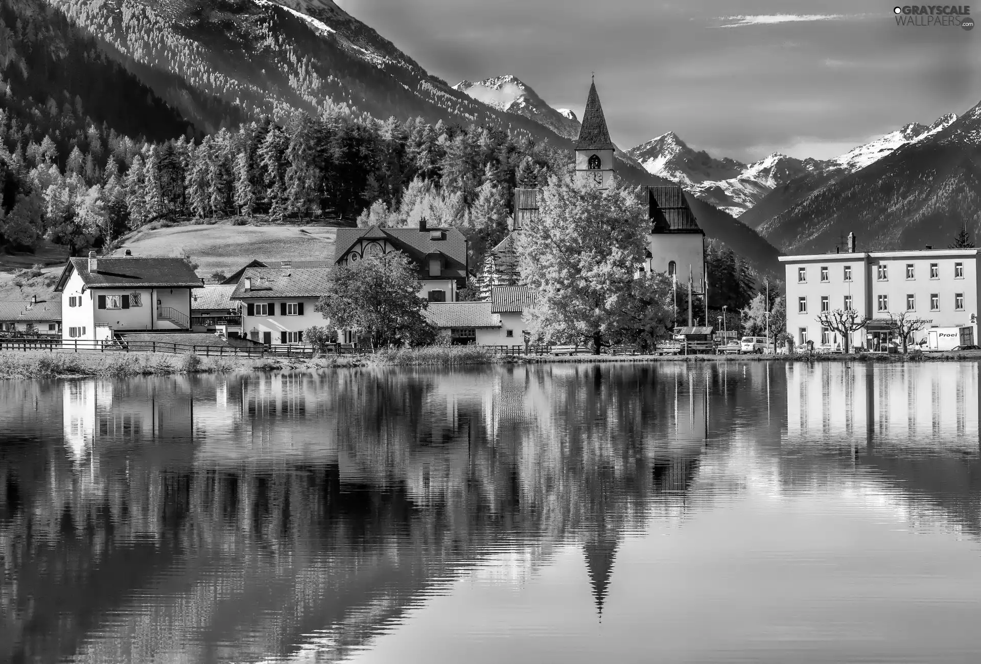 Mountains, Houses, autumn, lake