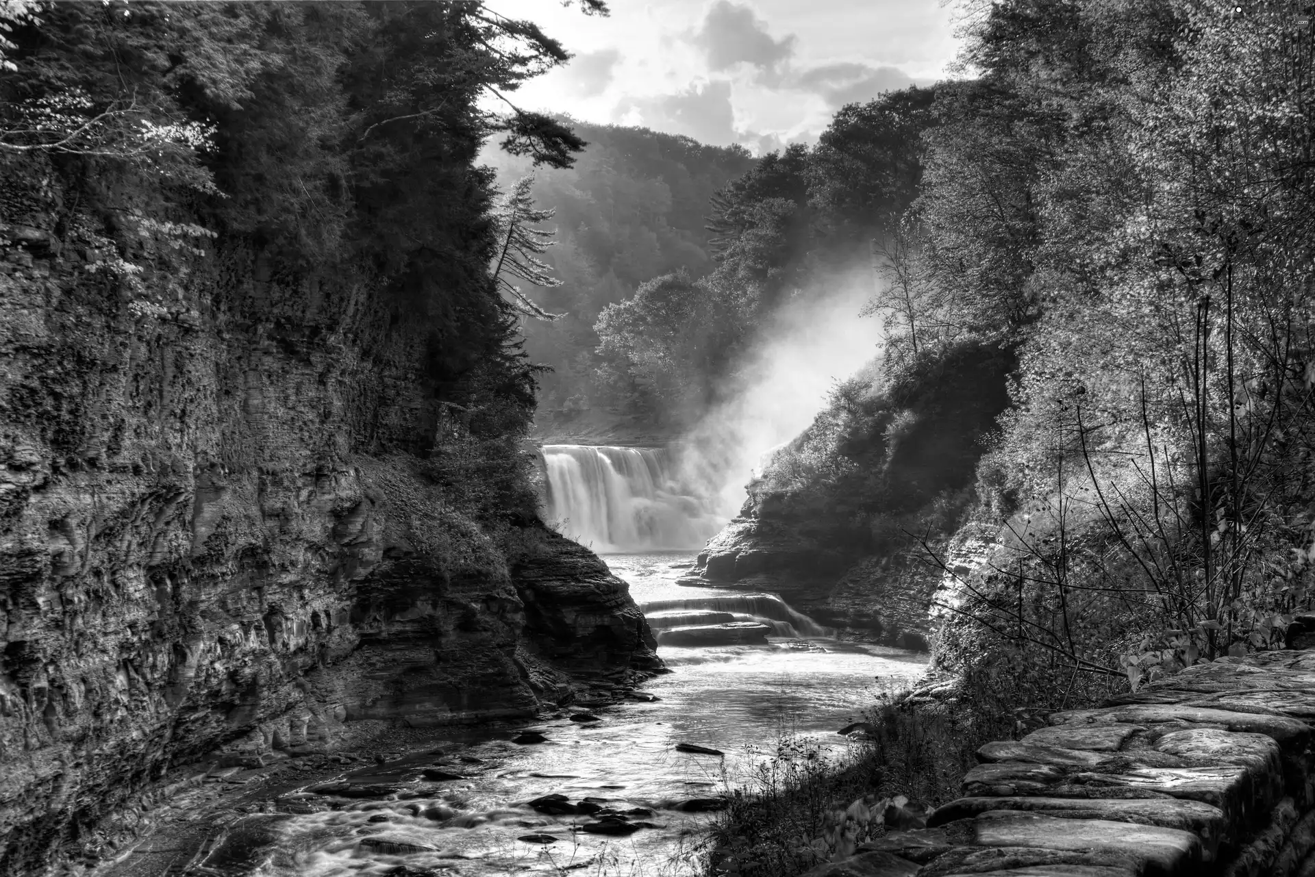 rocks, River, autumn, waterfall