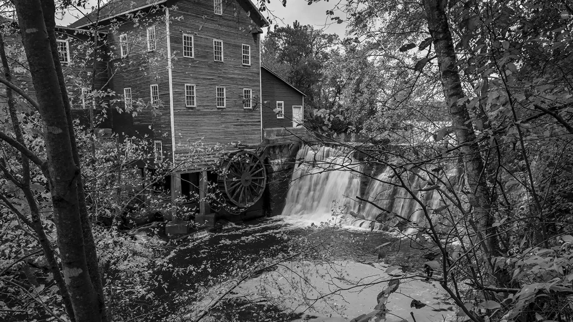 viewes, autumn, waterfall, trees, Watermill