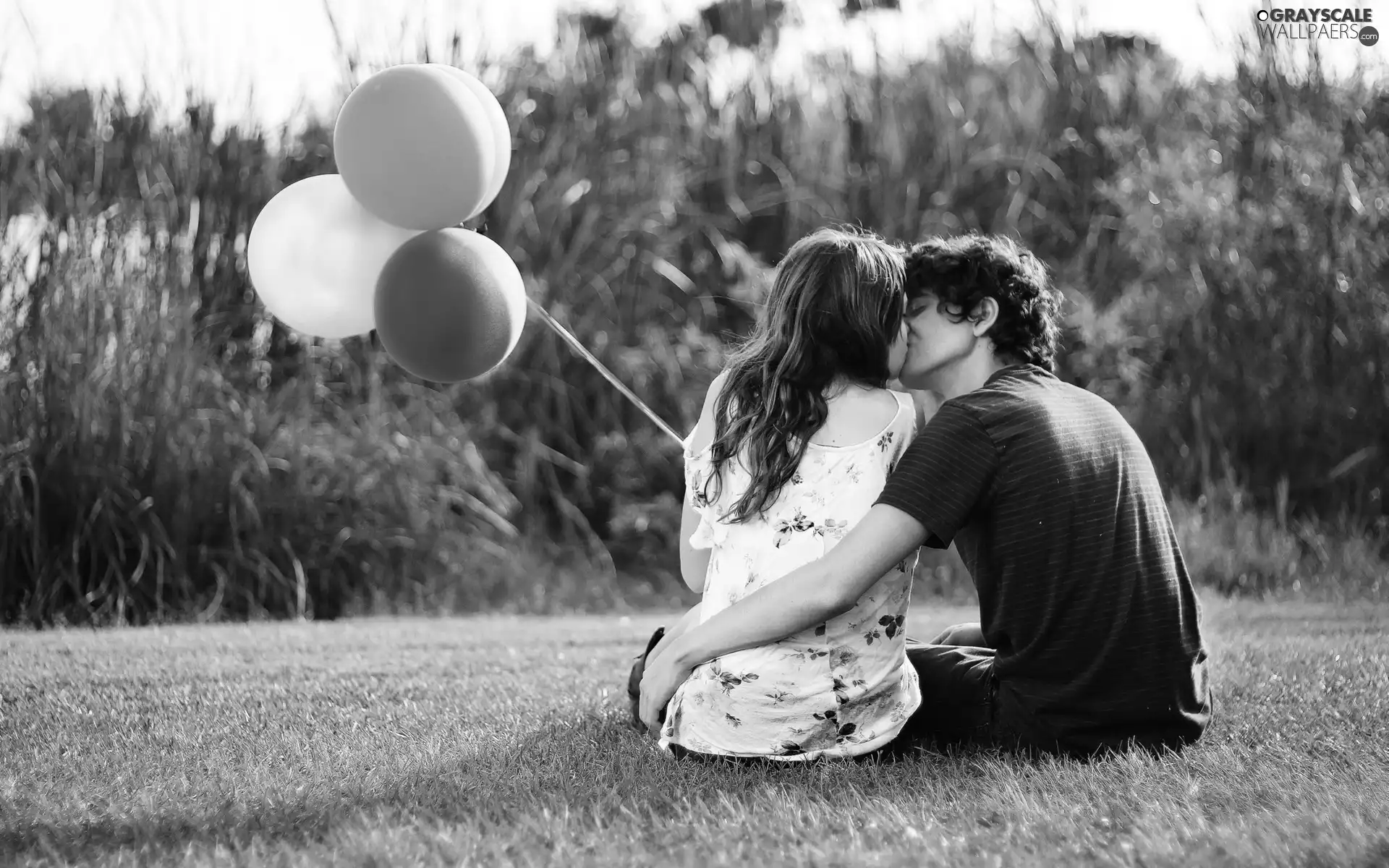 Balloons, grass, Steam, kiss, Love