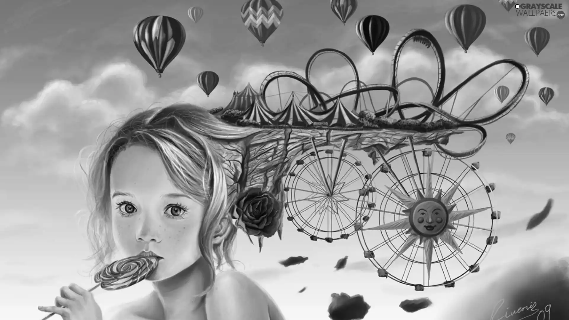 Balloons, girl, Lollipop