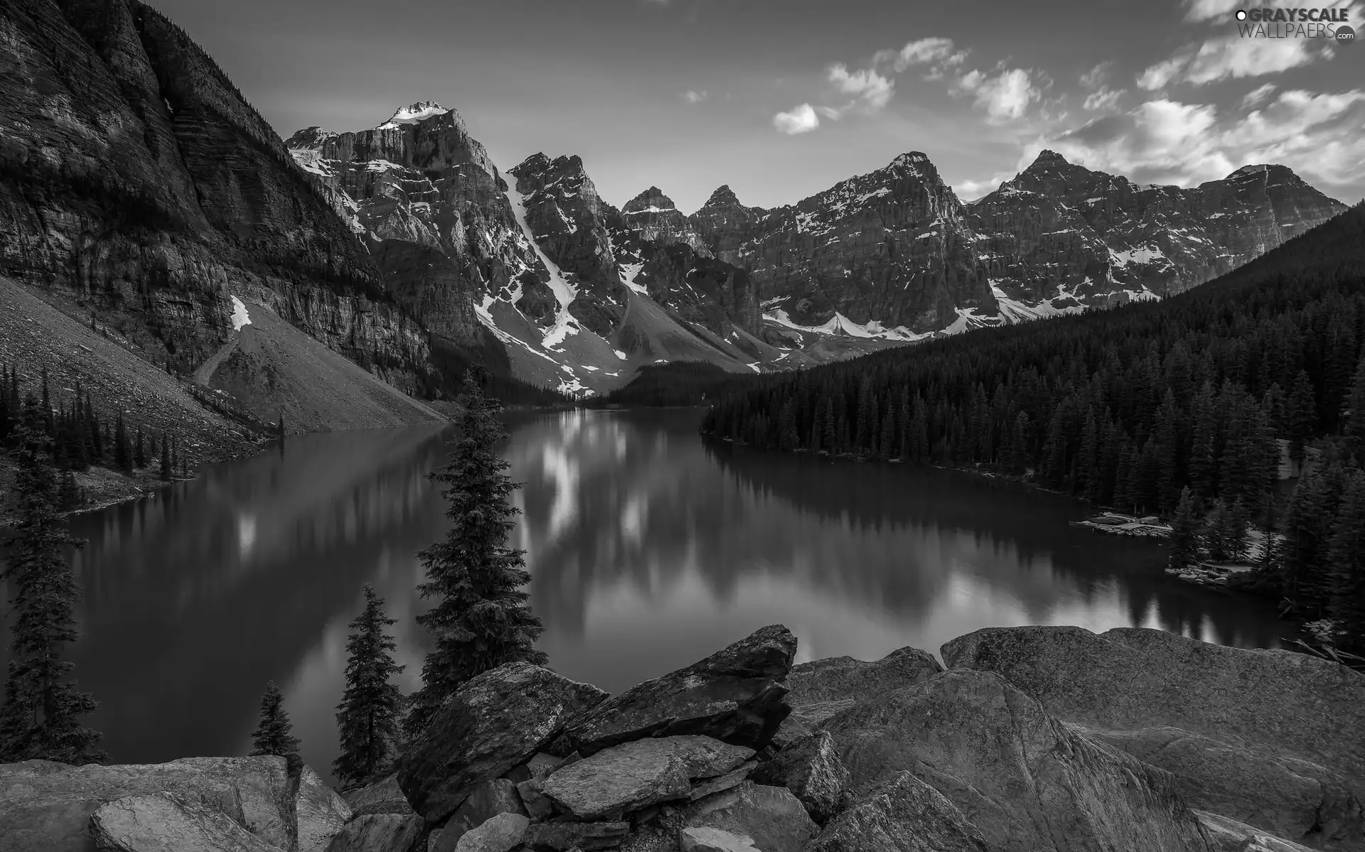 Mountains, Lake Moraine, clouds, woods, viewes, Banff National Park, Canada, trees