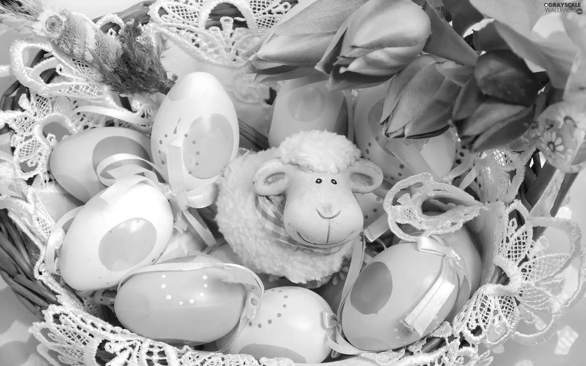 Tulips, lamb, basket, Easter, Palm, eggs