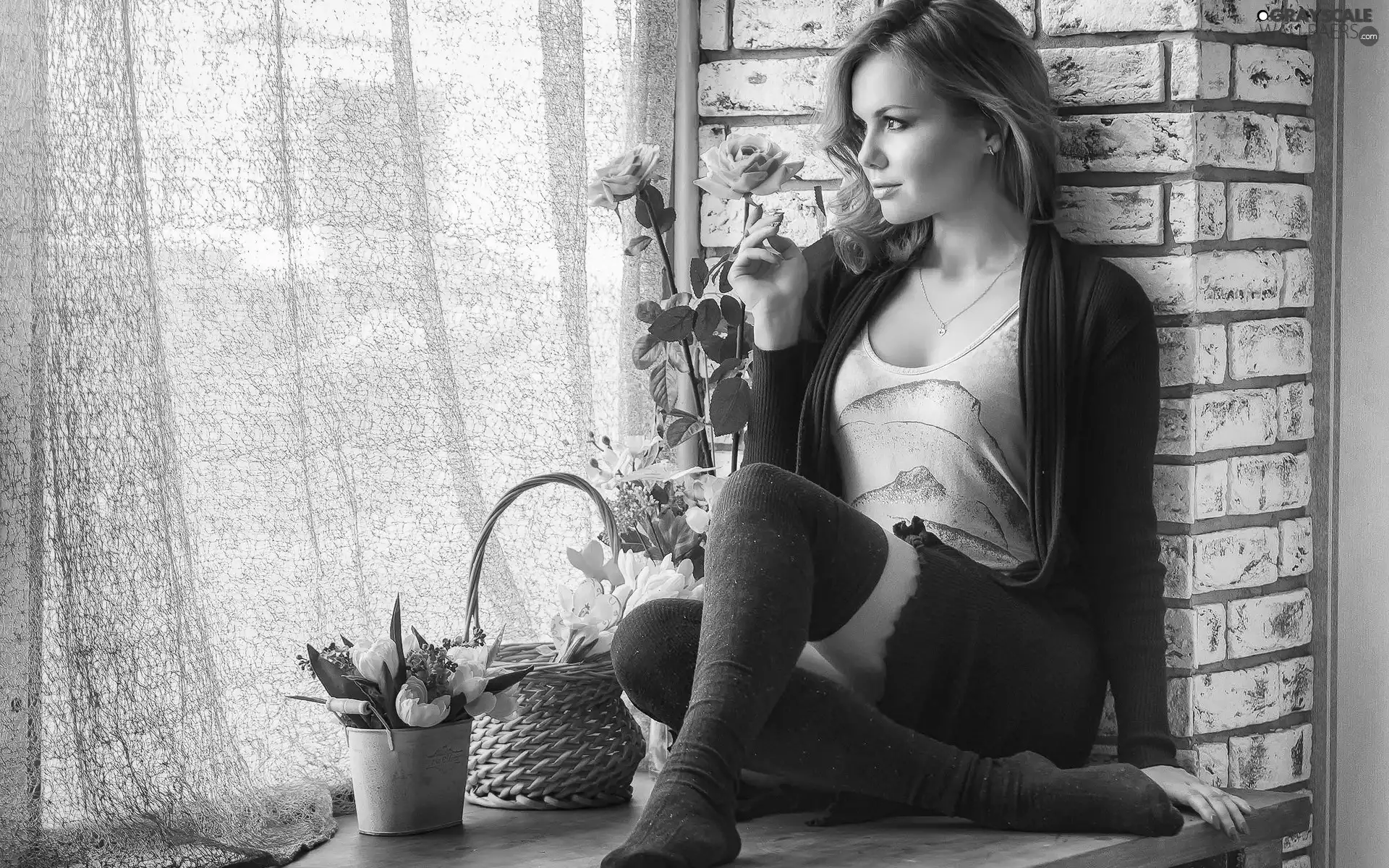 basket, Flowers, girl, Window, staring