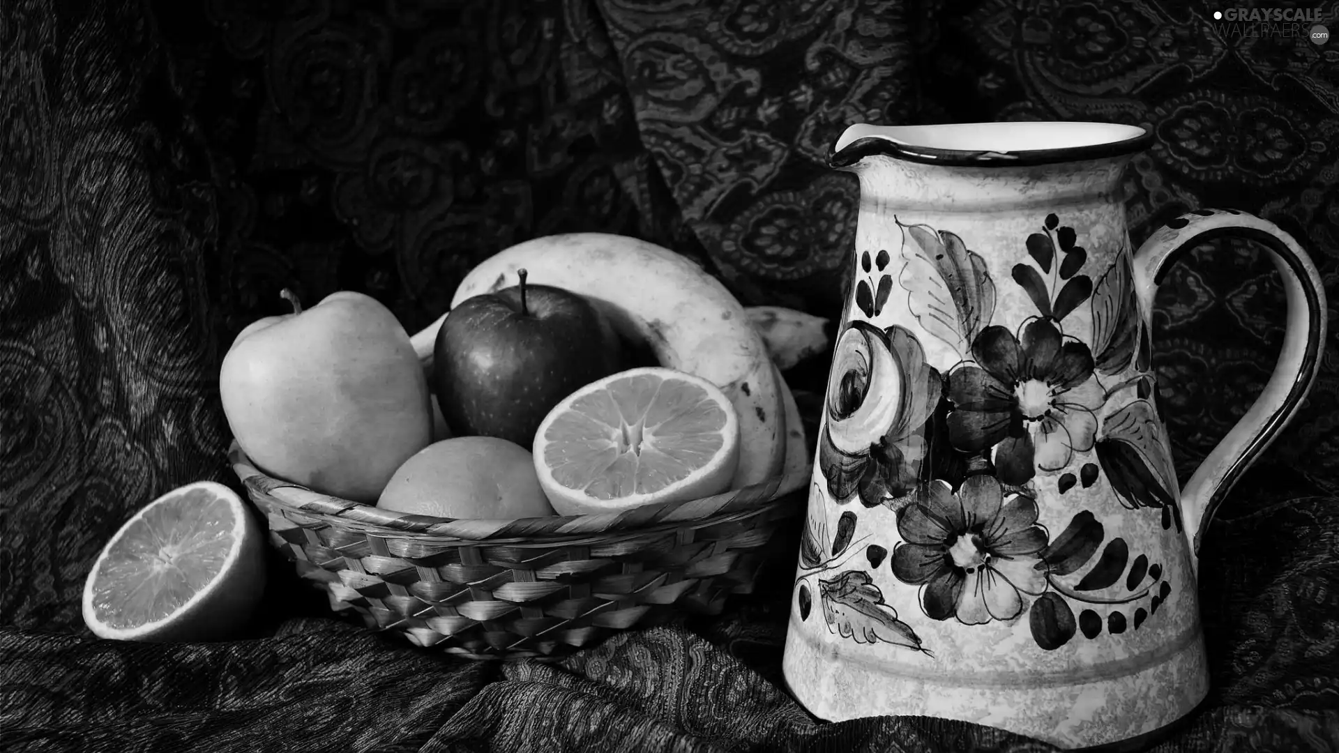 jug, basket, bananas, Fruits, apples, textile, composition, orange