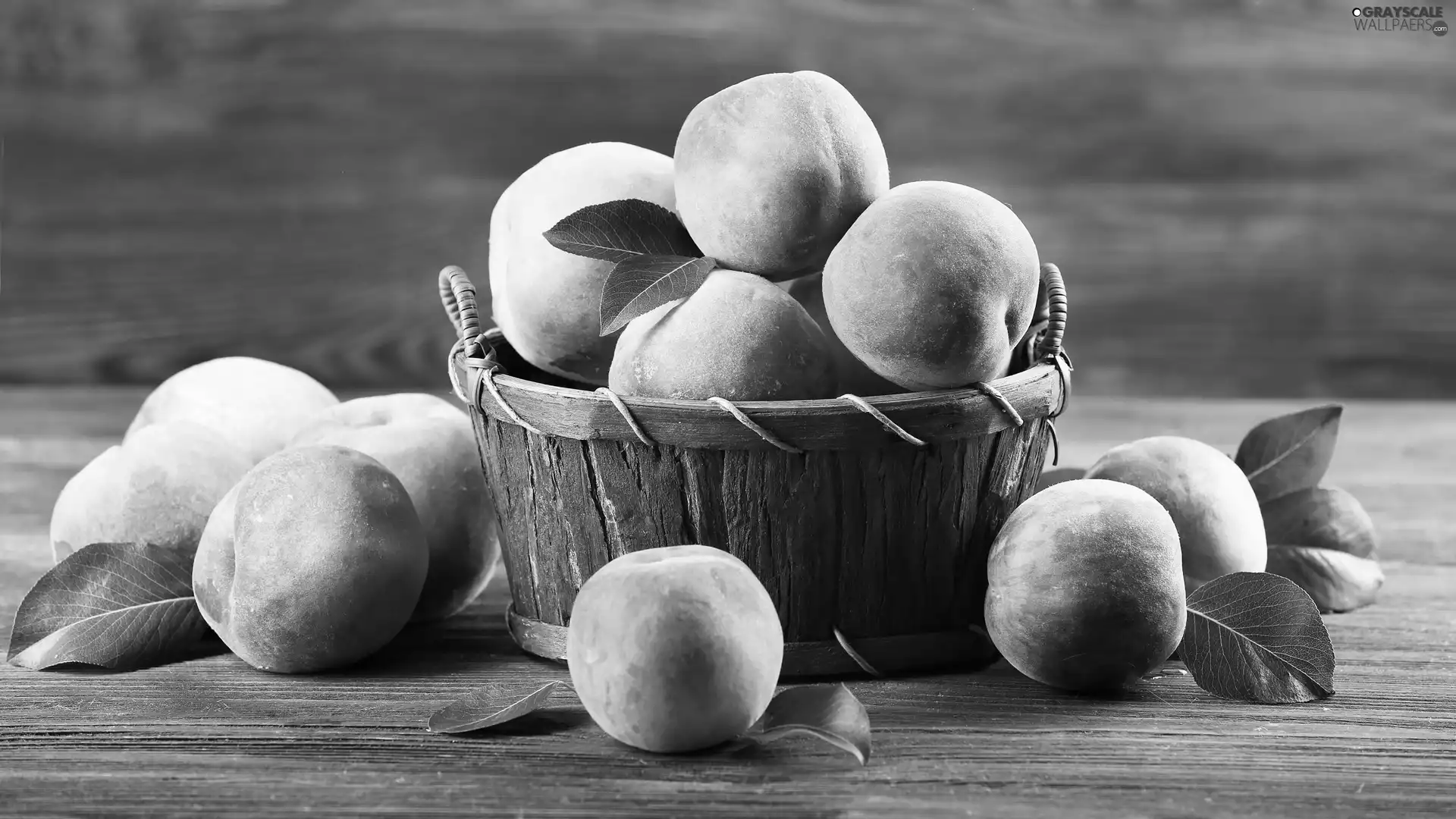basket, peaches, leaves
