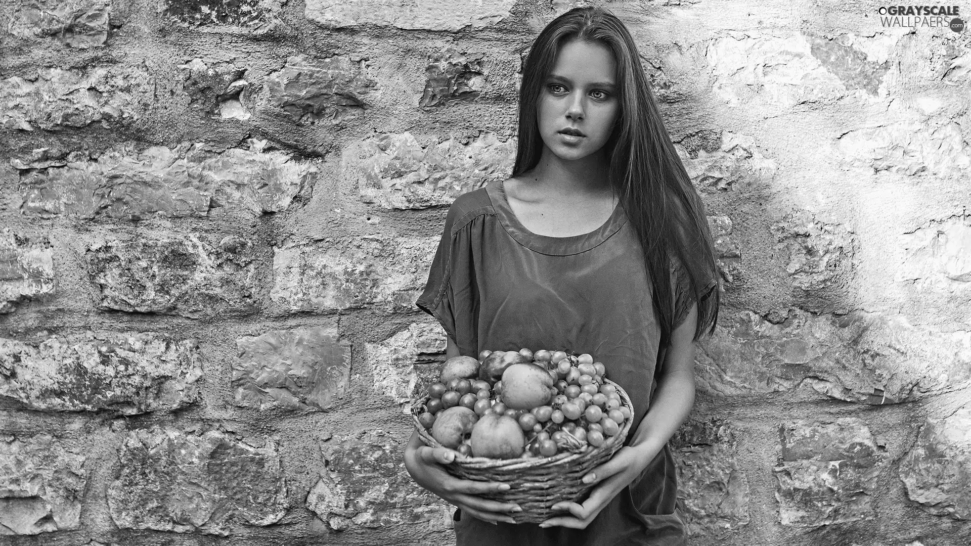 Women, Fruits, wall, basket