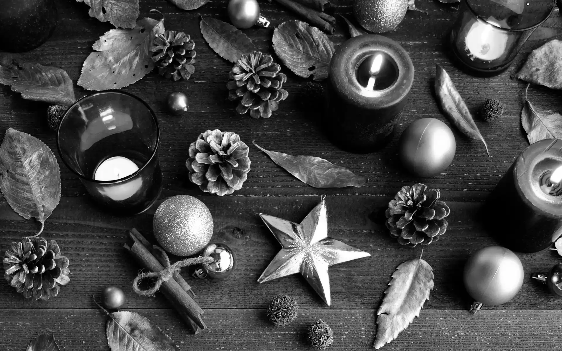 candles, Leaf, baubles, cones