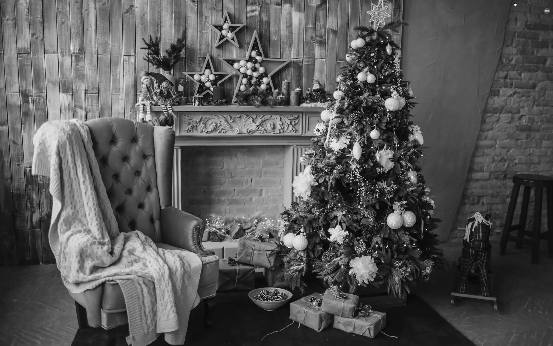 baubles, burner chimney, Christmas, ornamentation, Armchair, gifts, christmas tree, Christmas