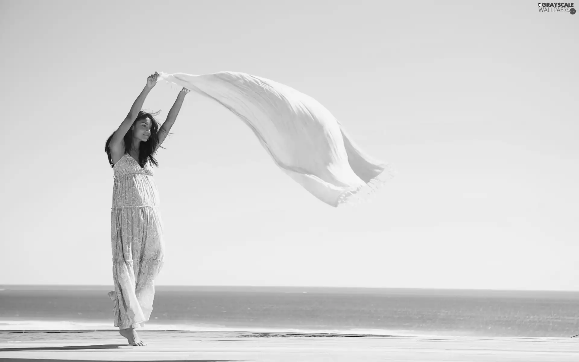 Beaches, sea, brunette, shawl, Beauty