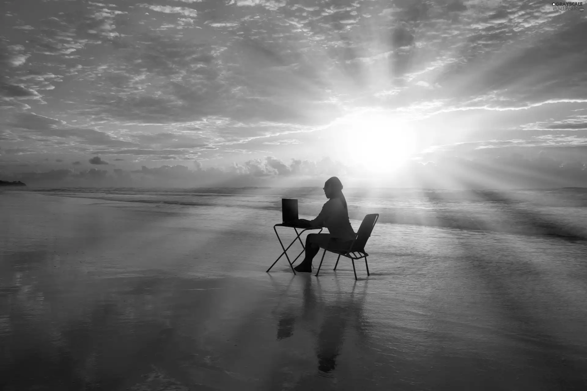 rays, west, Beaches, Women, sea, sun