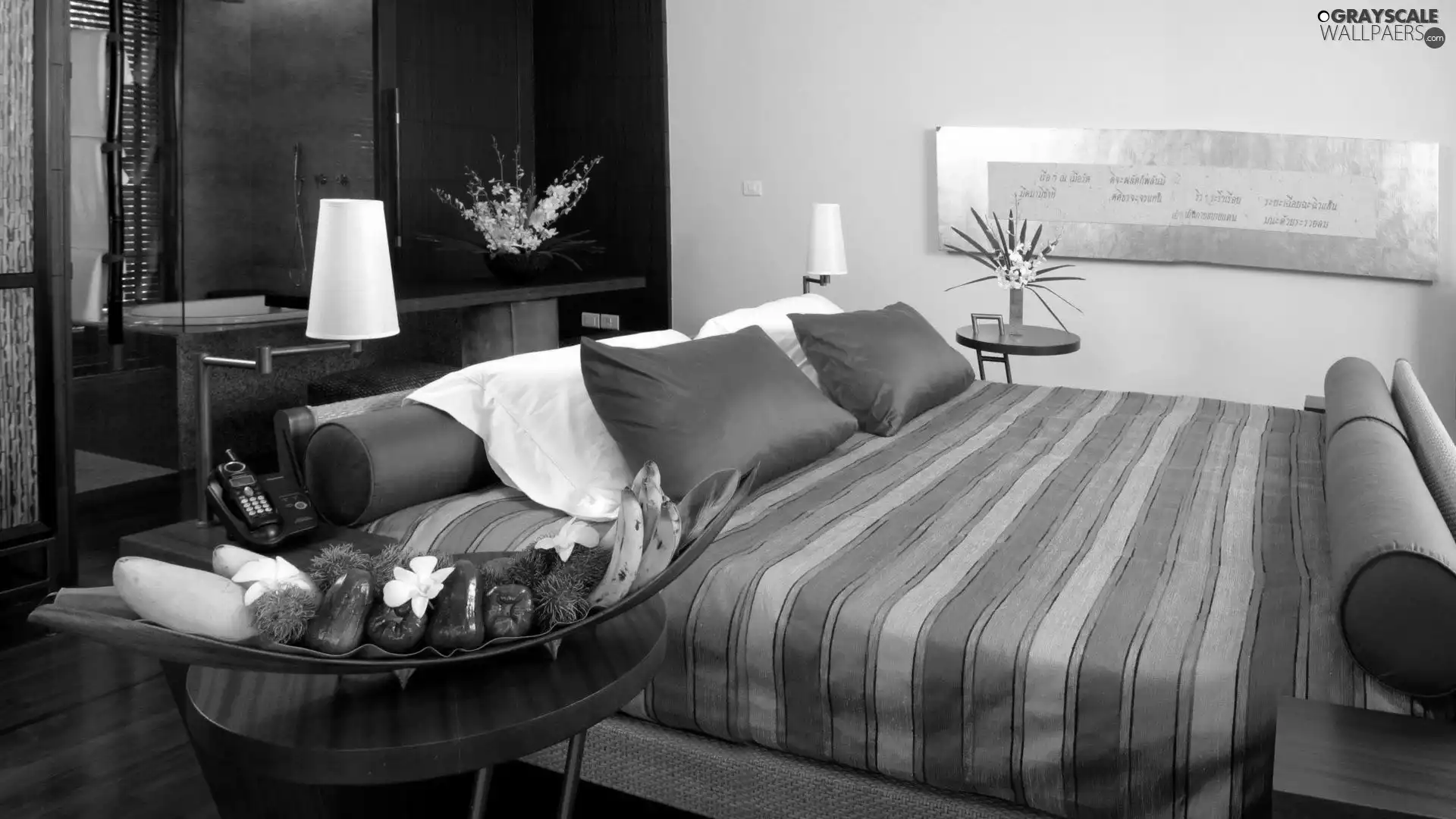 Orange, table, bed, Bedroom