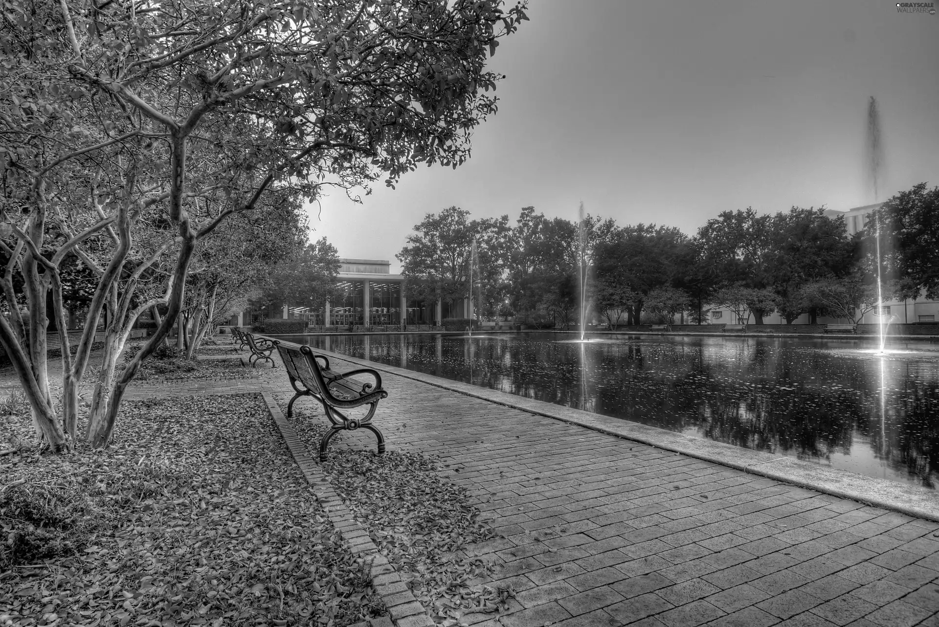 autumn, Fountains, Bench, Park