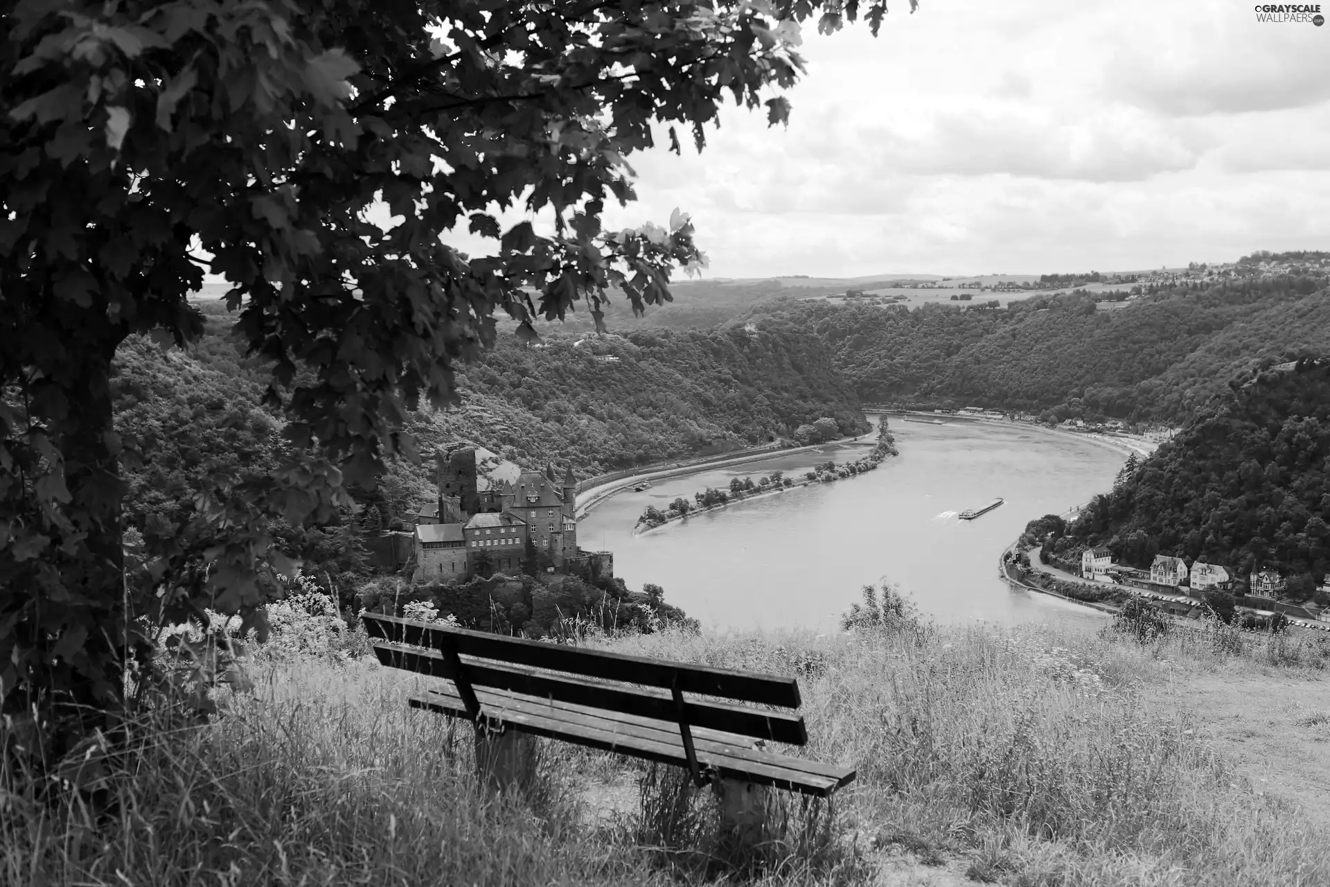 Bench, autumn, Mountains, woods, River