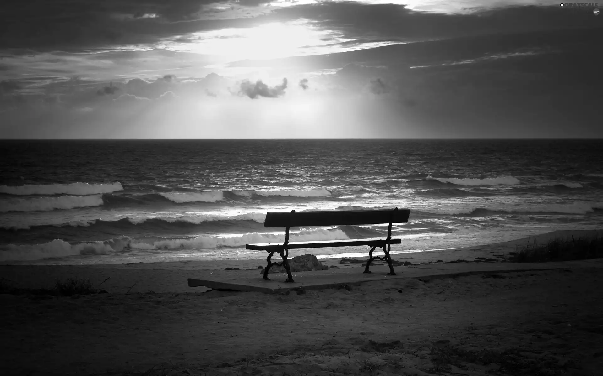 Beaches, horizon, Bench, sea