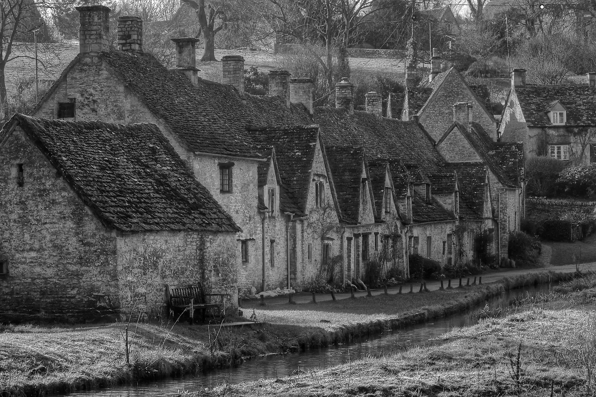 brook, old, Bench, Bench, stream, Houses