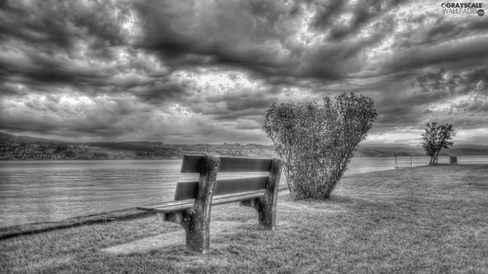 clouds, grass, Bench, River