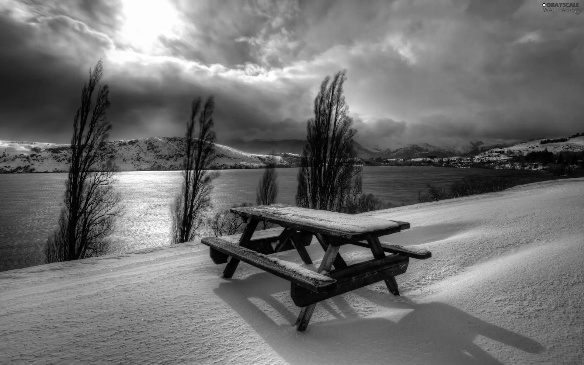 clouds, River, Bench, Mountains