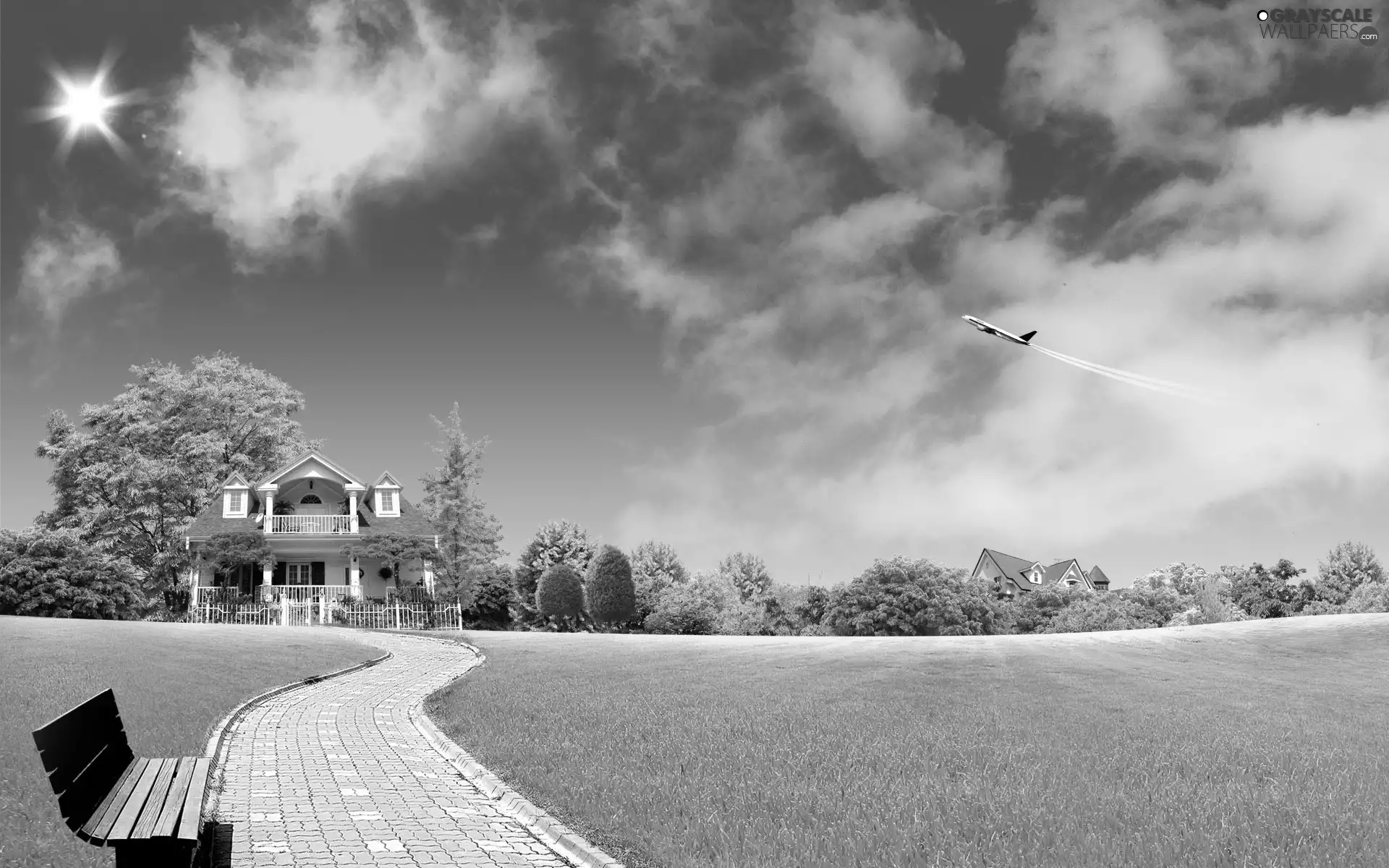 grass, plane, Bench, house, Pavement, clouds