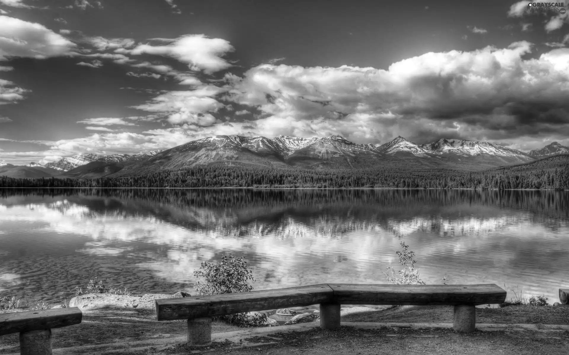 bench, Mountains, lake