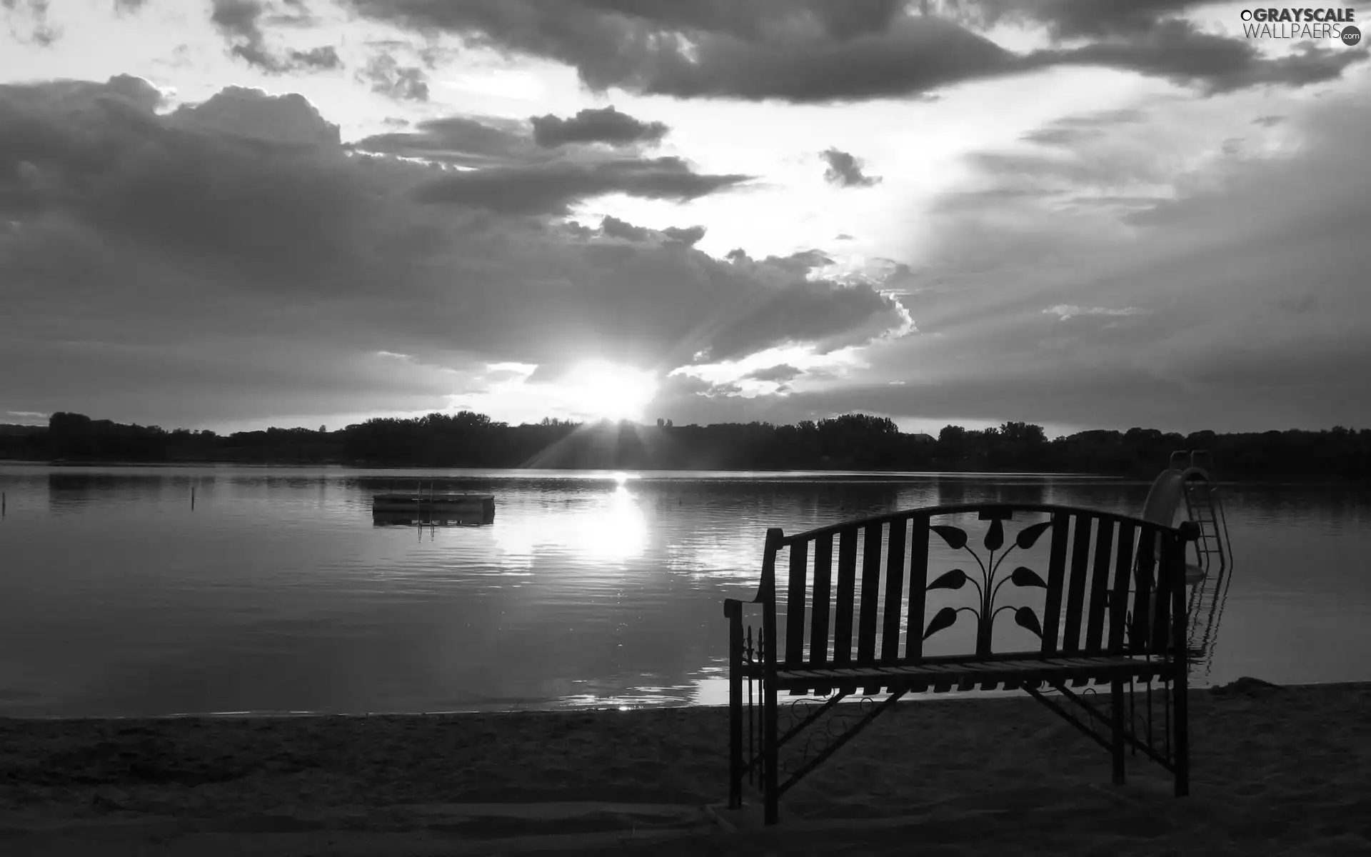 lake, sun, Bench, west