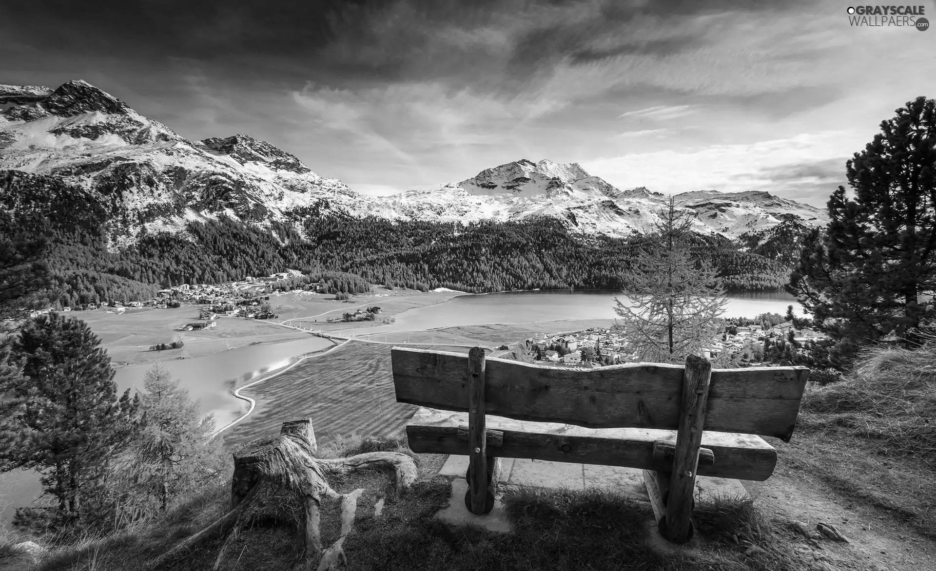 Bench, landscape, lake, woods, Mountains