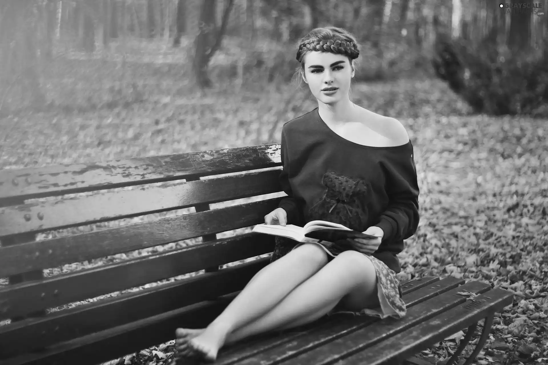 Bench, Park, light brown, Book, Women