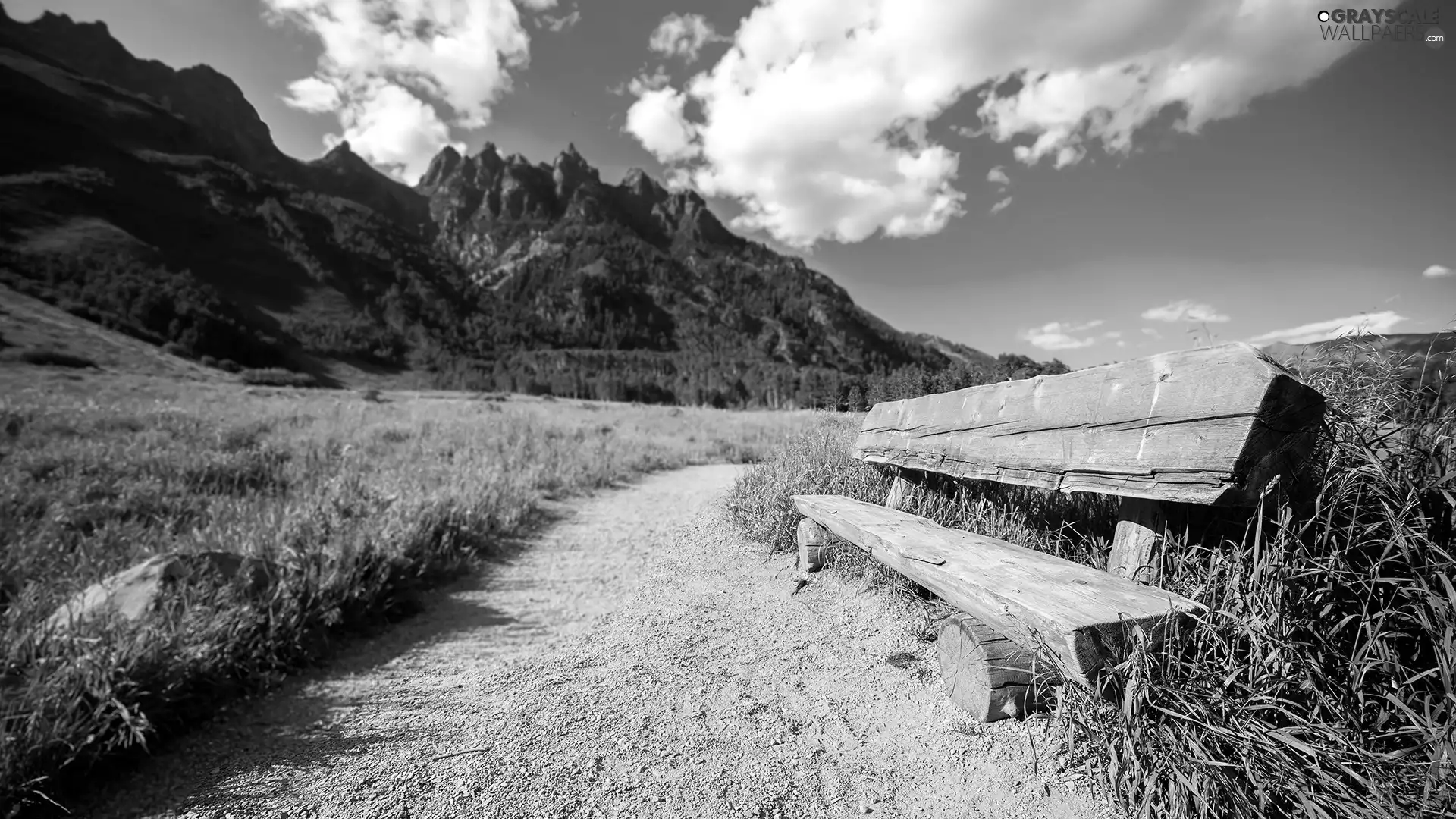 Mountains, grass, Bench, Path