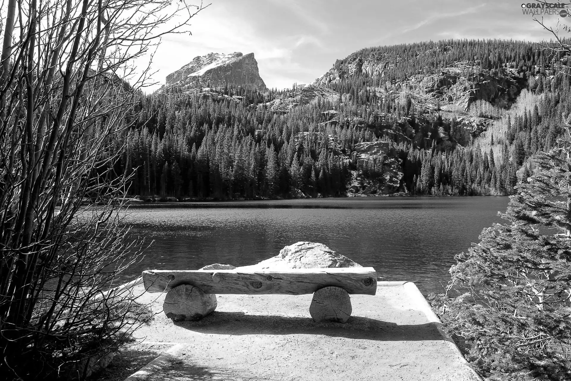 Mountains, lake, Bench, woods