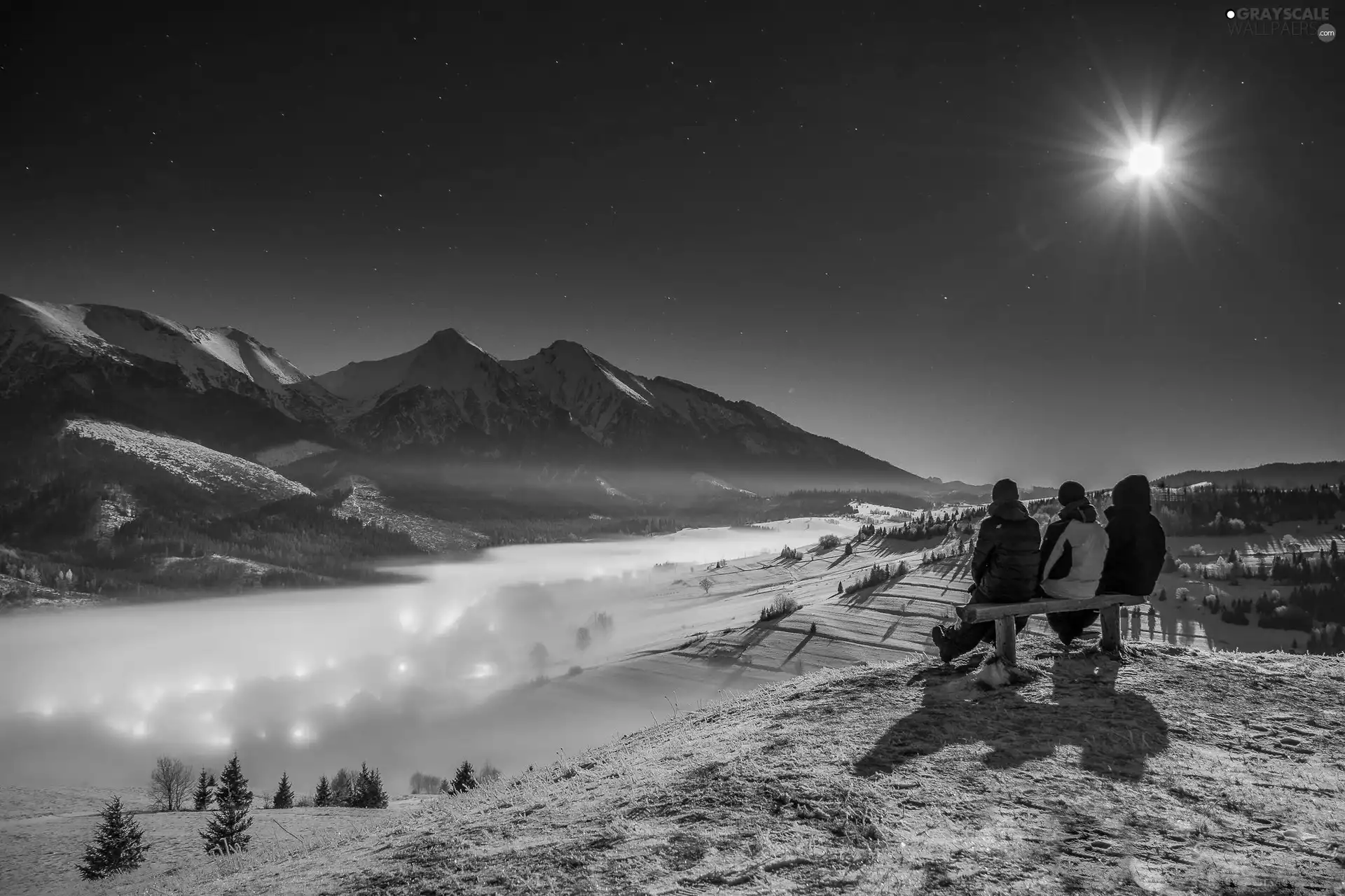 Mountains, People, Bench, sun