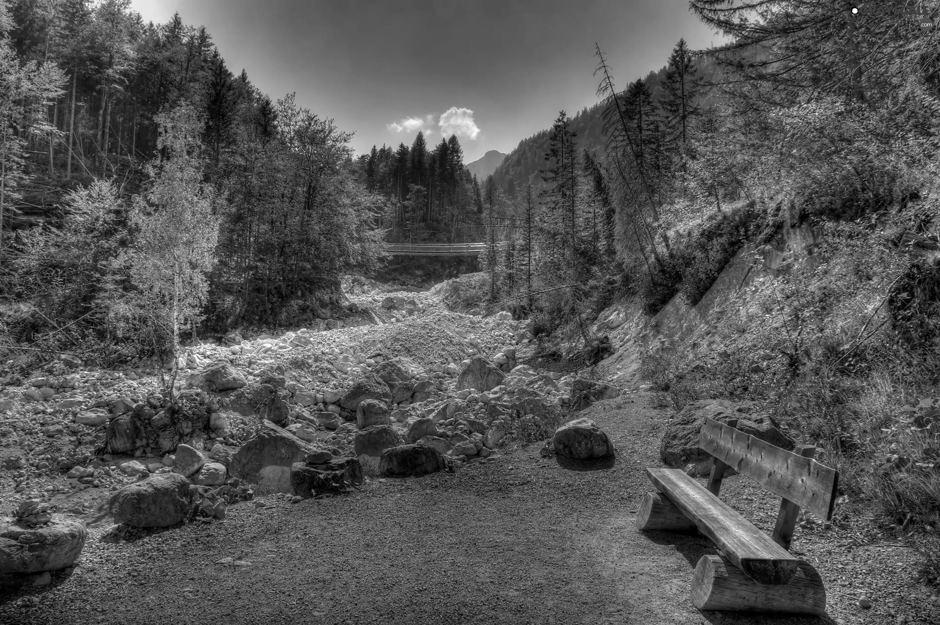 Mountains, Stones, Bench, forest