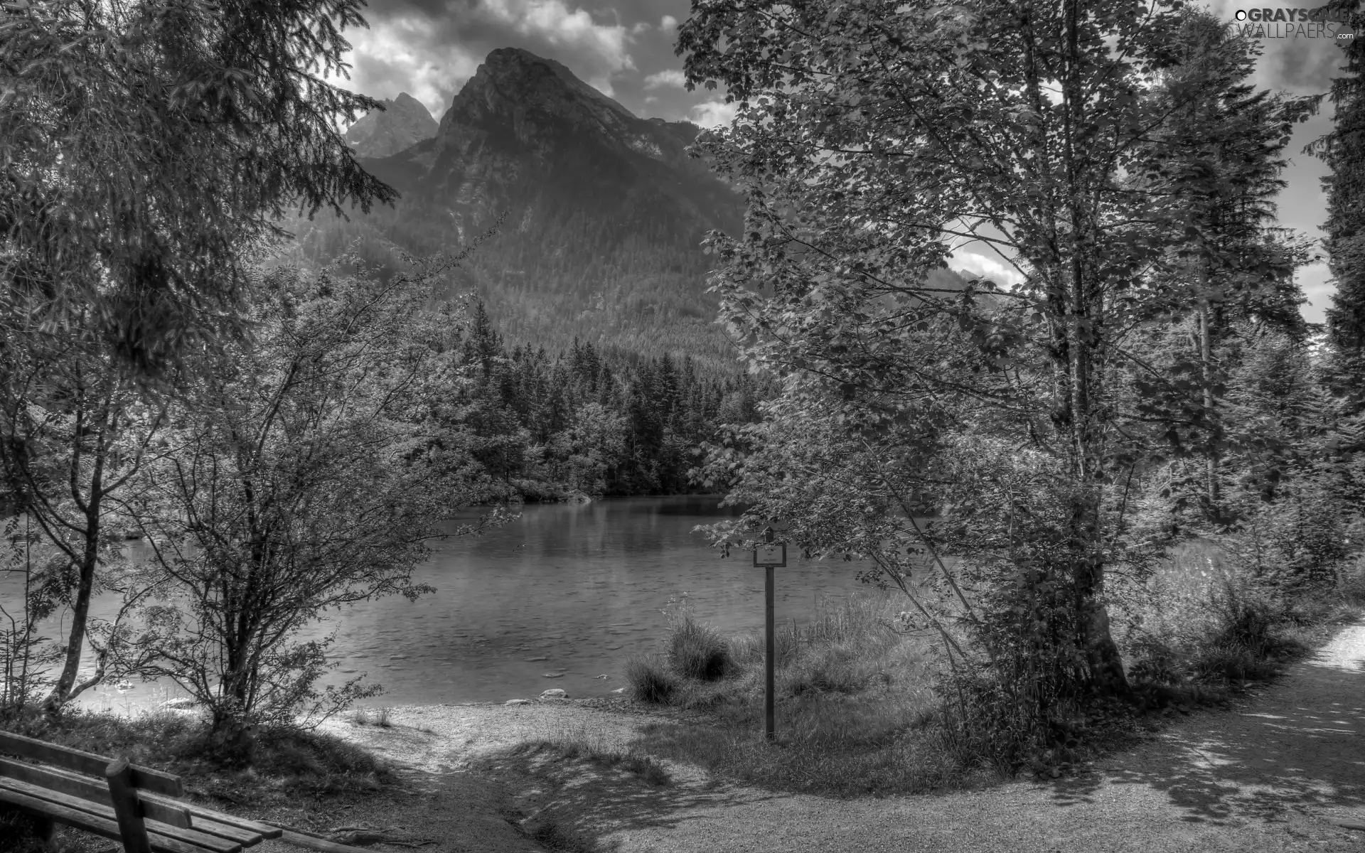 Mountains, woods, Bench, River